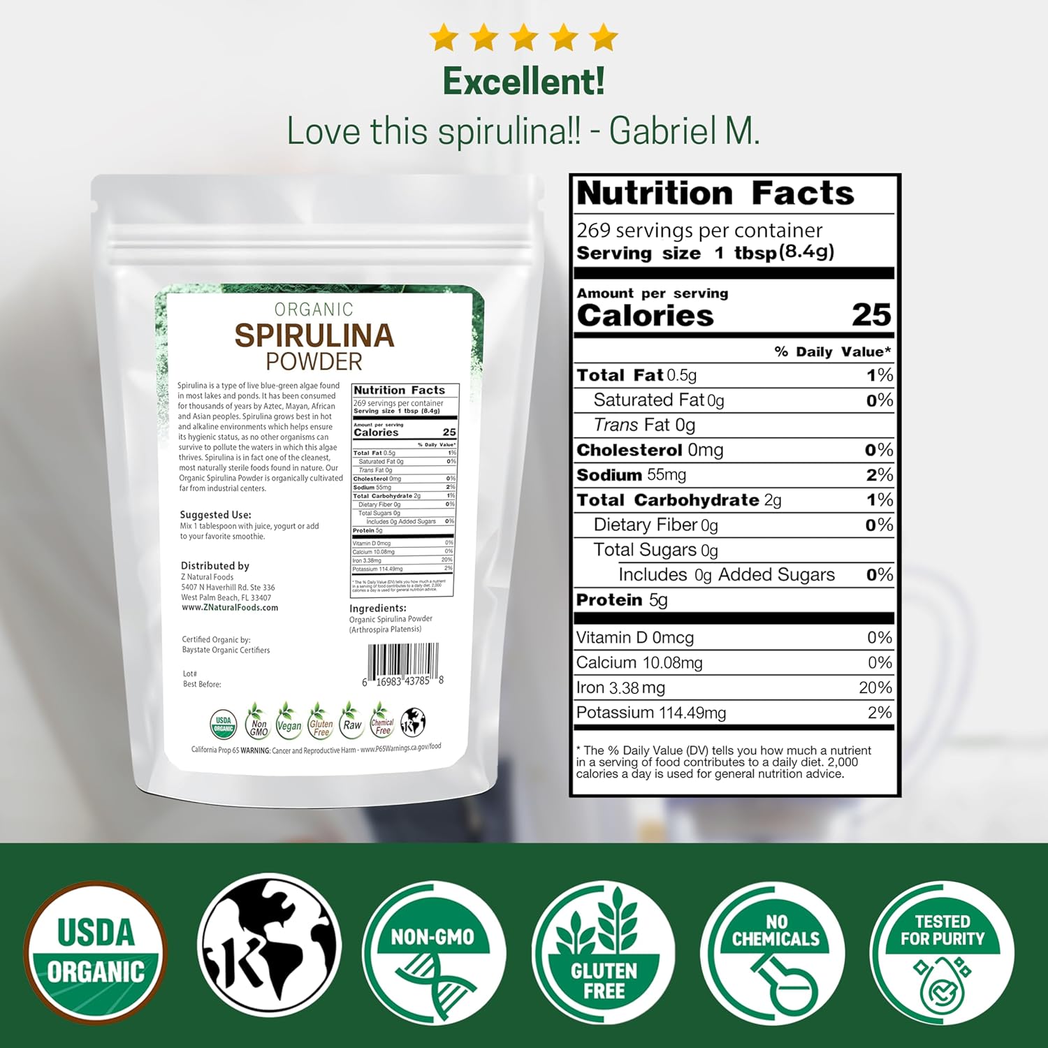 Z Natural Foods Organic Spirulina Powder - 16 oz (Pack of 1) | Organic, Blue-Green Algae Superfood, Spirulina, Raw, Contains Amino Acids, Mixes in Smoothies, Yogurt & Recipes