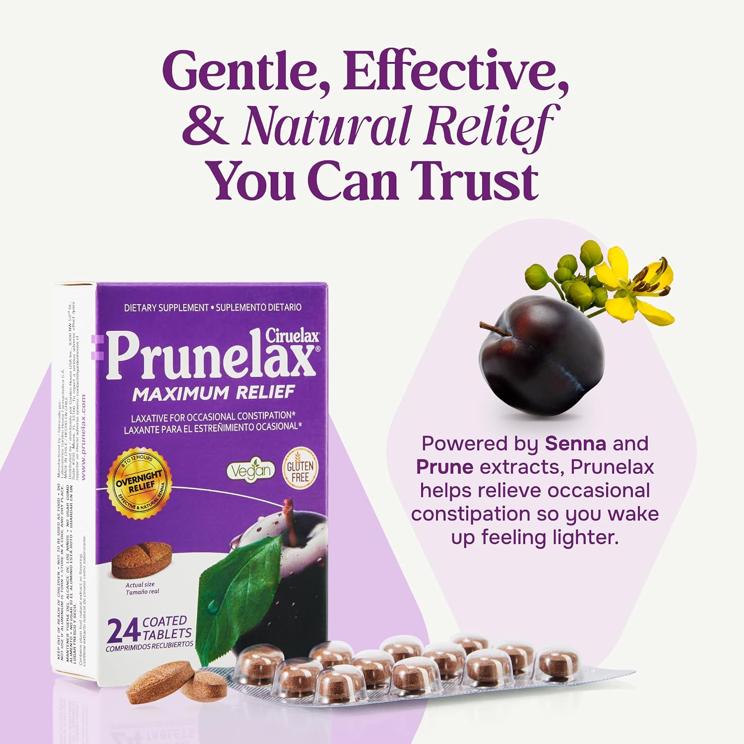Prunelax Ciruelax Maximum Relief Laxative Tablets with Natural Senna for Occasional Constipation, Senna Extract, Vegan & Gluten-Free, Gentle Overnight Relief - 100ct