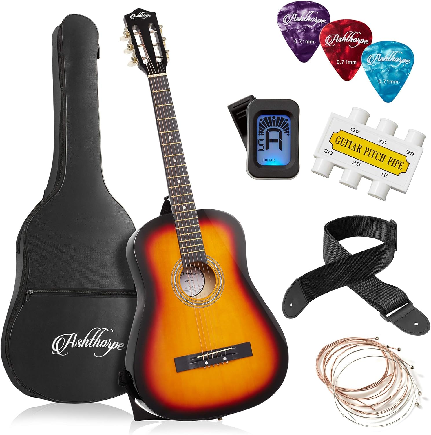 Ashthorpe 38-inch Beginner Acoustic Guitar (Red), Starter Kit with Gig Bag, Extra Strings, Strap, Picks, and Lessons