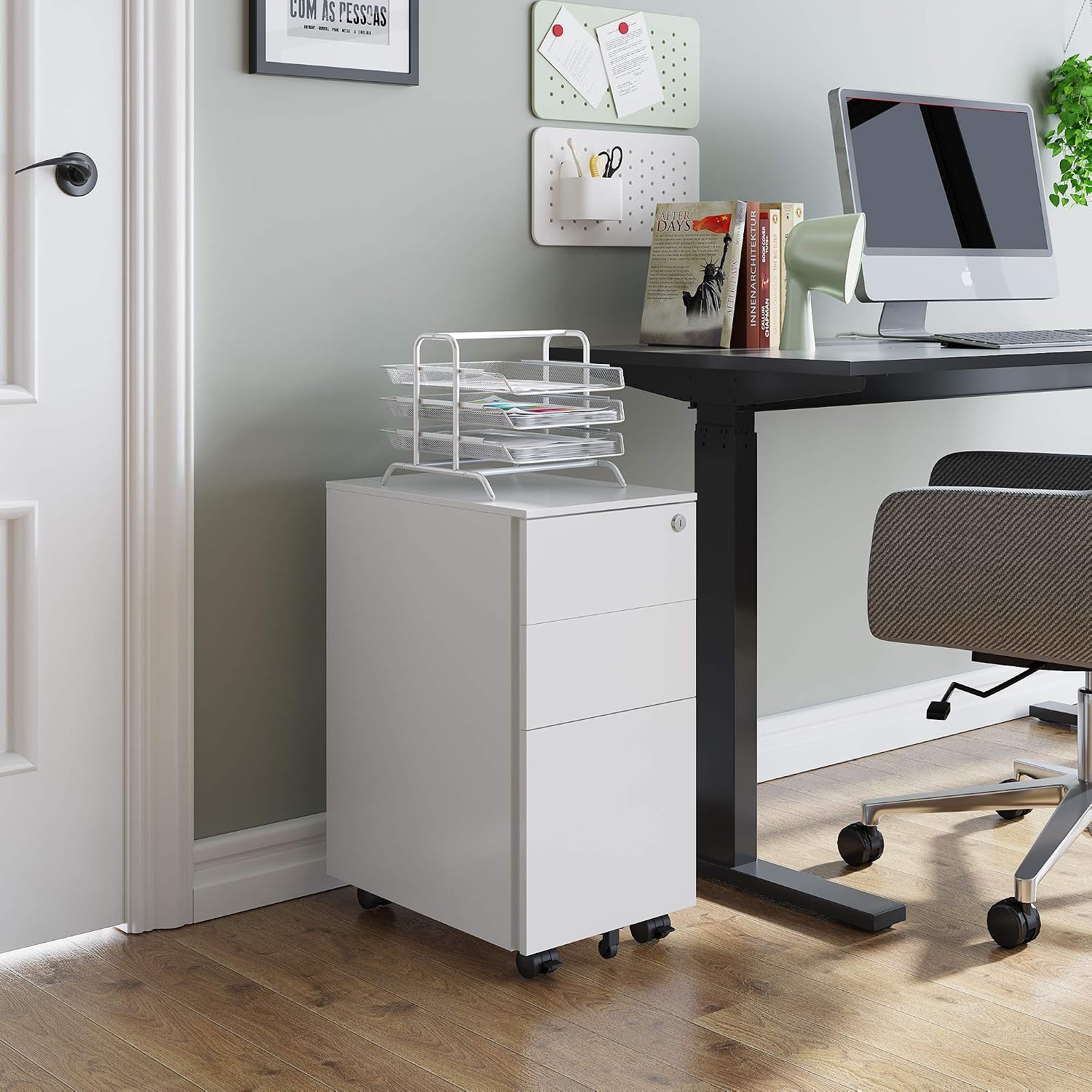 DEVAISE 3 Drawer Mobile File Cabinet with Lock, Under Desk Metal Filing Cabinet for Home Office/Legal/Letter/A4 File, Fully Assembled Except Wheels, Black