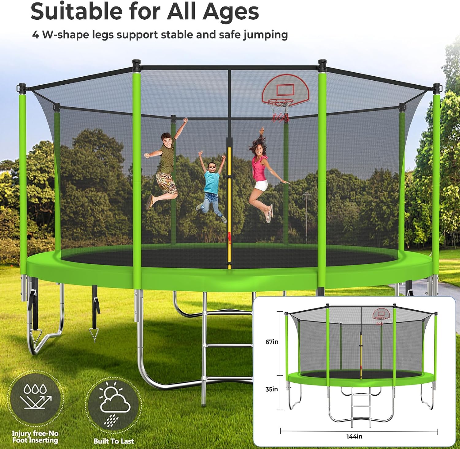10 12 14 16FT Trampoline Outdoor, Light/Sprinkler/Basketball Hoop | Large Recreational Trampoline for Kids and Adults, Heavy Duty Yard Trampolines with Enclosure Net, ASTM Approval