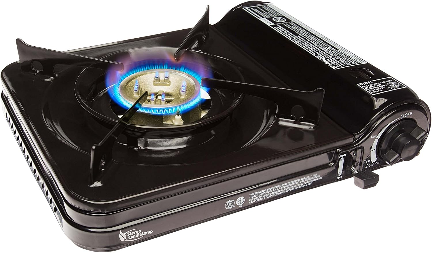 Sterno 50106 Portable Butane Stove with Piezo Electronic Ignition and Adjustable Flame, 9000 BTU, Black