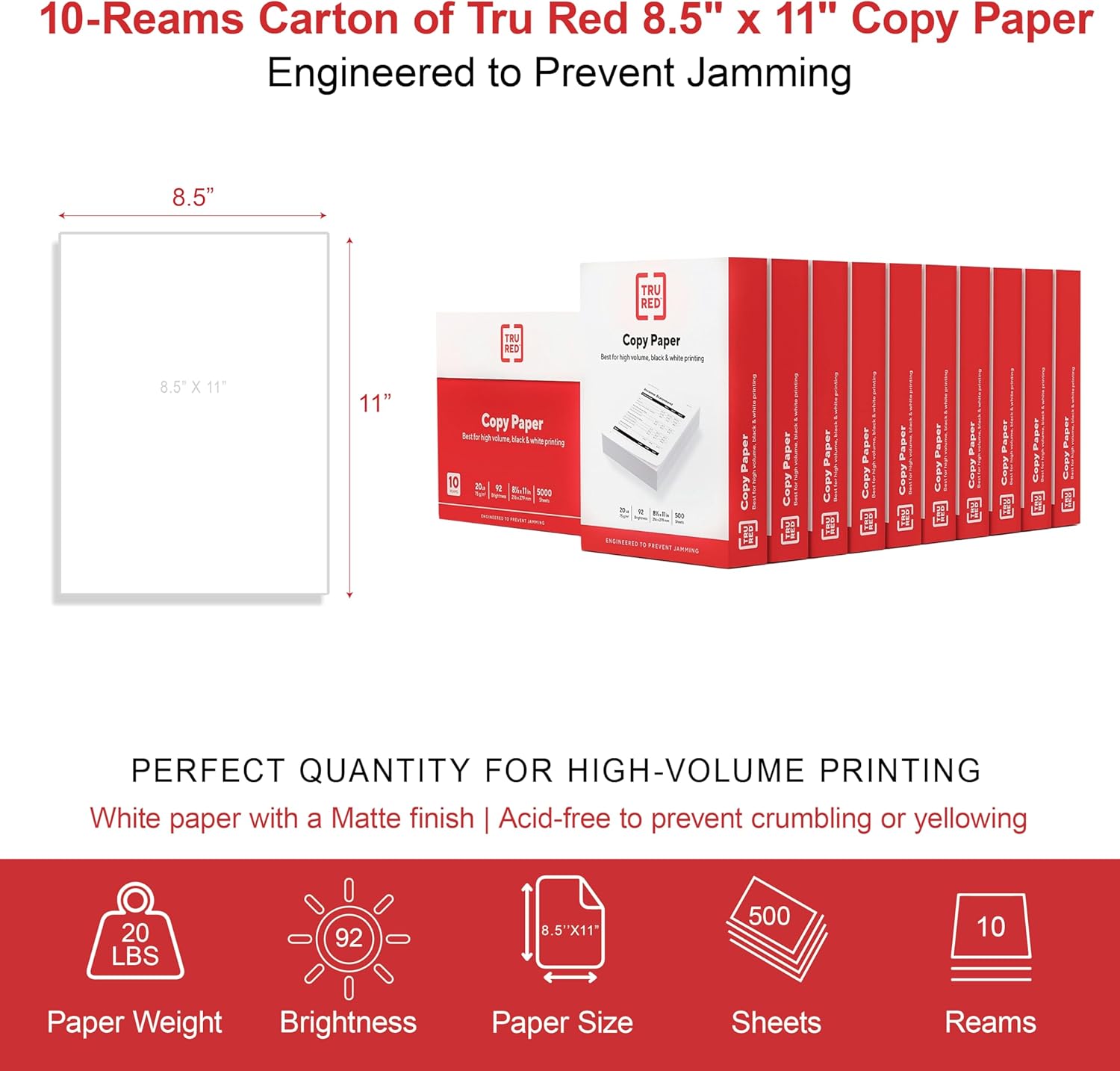Staples TRU RED Copy & Printer Paper, 8.5 x 11, 20 lb, 92 Bright, 5,000 Sheets/Carton, White Letter Size Paper for Office, School & Home