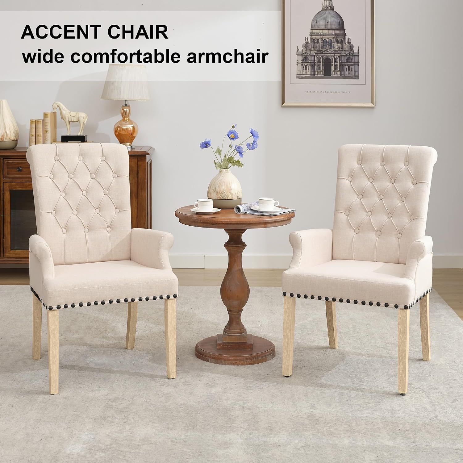 adochr Dining Chairs with Arms,Linen High Back Dining Room Chairs, Beige