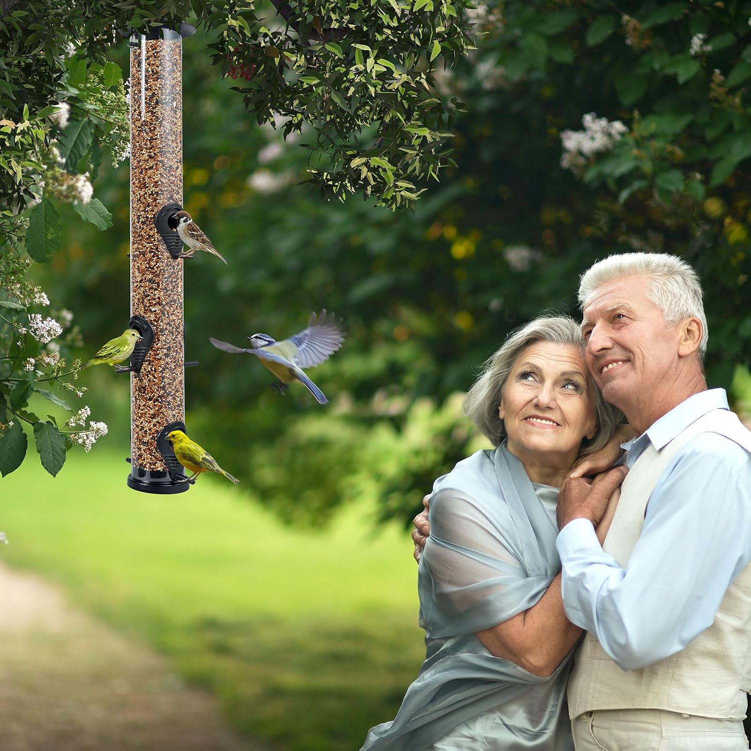 Backyard Expressions Tall Tube Bird Feeder - Durable Hanging Wild Bird Feeder for Wild Birds - 16" Tall, 4-Port Design