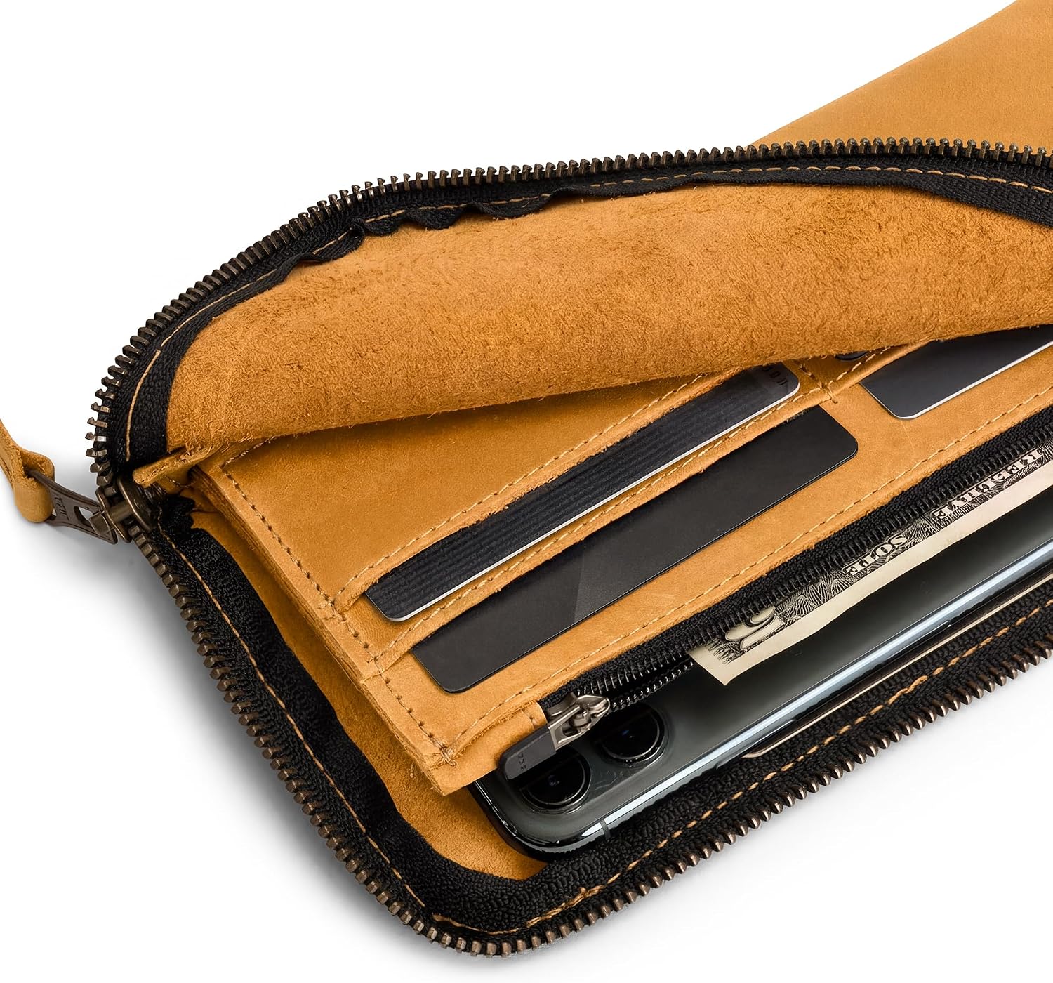 Hide & Drink, Leather Long Zippered Wallet, Holds Up to 8 Cards Plus Coins And Flat Bills, Phone Holder, Travel Essentials, Handmade (Bourbon Brown)
