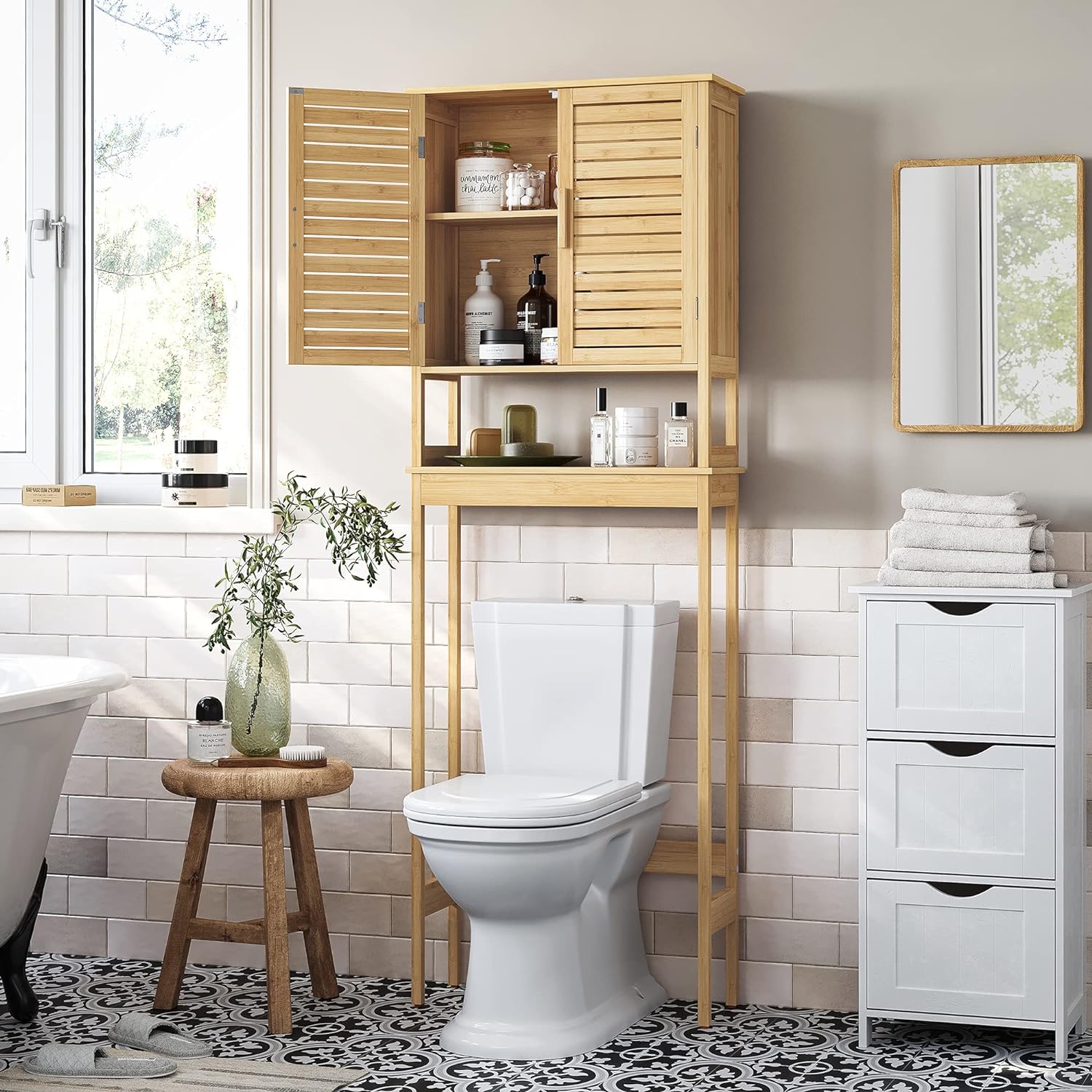 SONGMICS Bamboo Over The Toilet Storage Cabinet, Adjustable Inside Shelf
