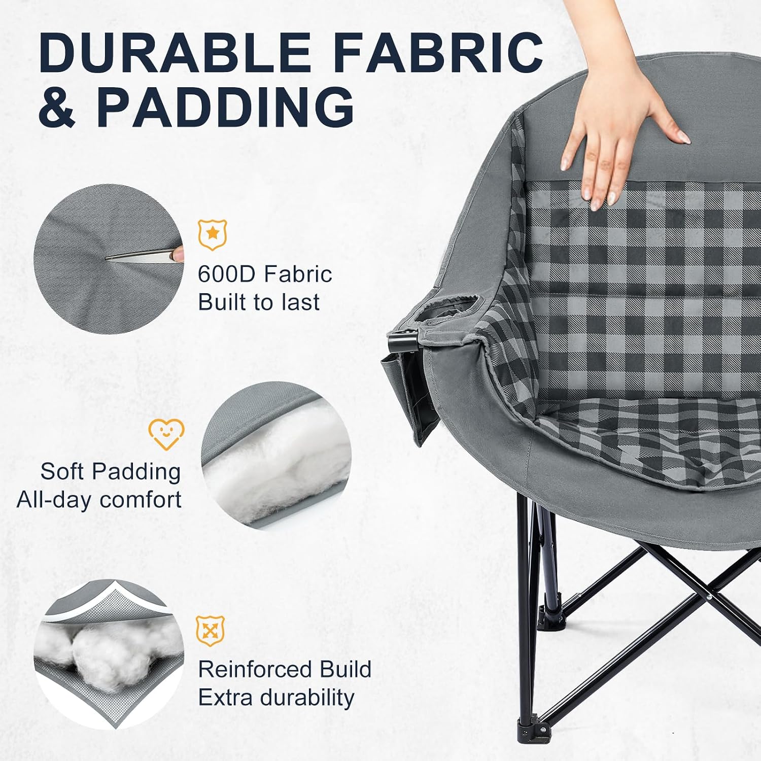 Oversized Camping Chairs for Adult - Heavy Duty Padded Portable Folding Chair XL Collapsible Camp Chair with Cup Holder Side Pocket for Outdoor Lawn Beach Sport Fishing Support 500LBS, Grey