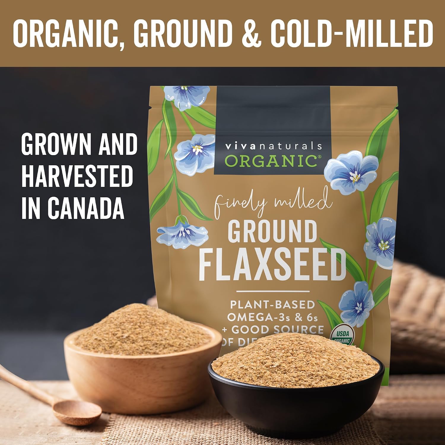 Viva Naturals Organic Ground Flaxseed, 15 oz (425 g) – Plant-Based Protein, Vegan Omega-3 & Fiber, Finely Milled Flax Seeds, Perfect for Smoothies & Baking