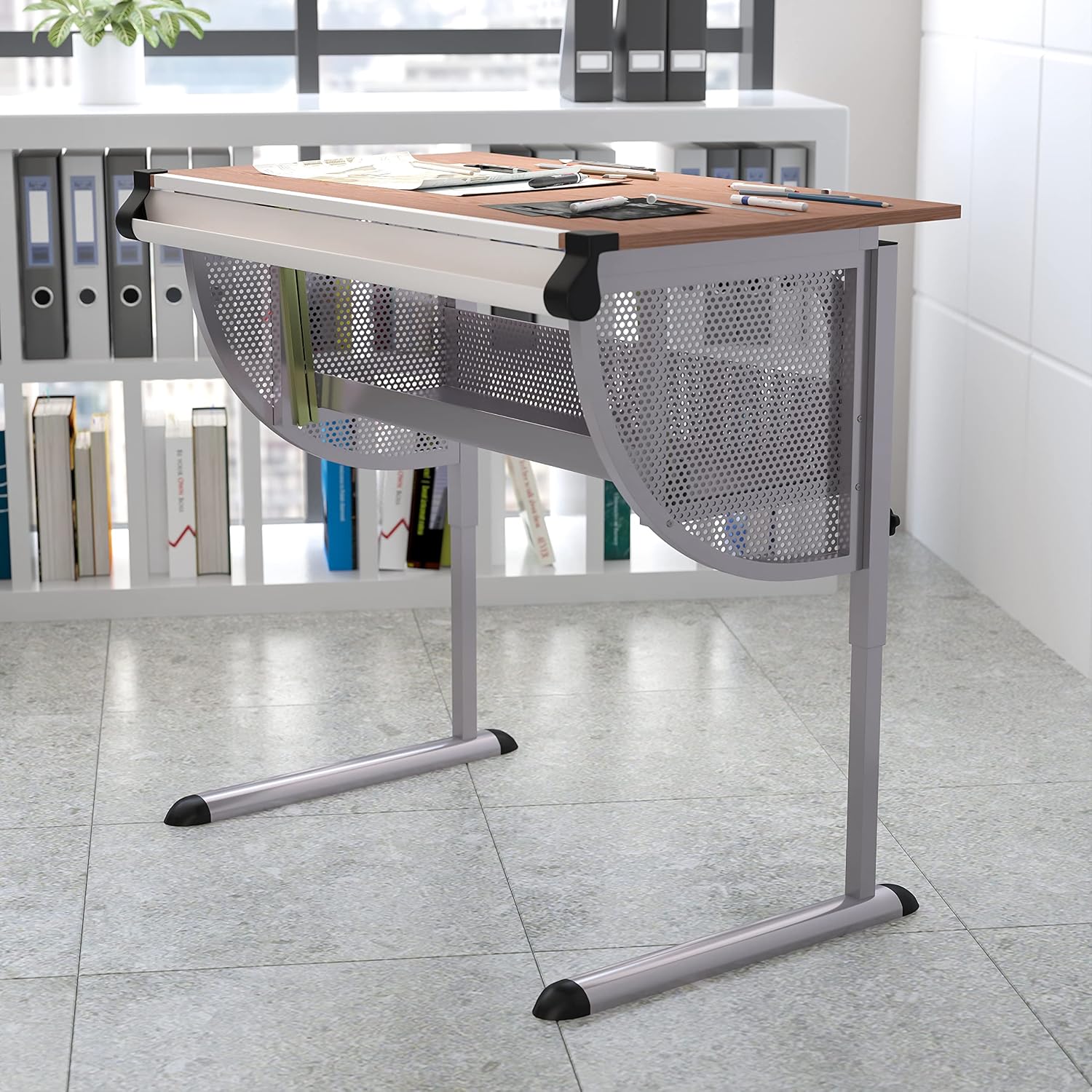 EMMA + OLIVER Adjustable Drawing and Drafting Table with Pewter Frame | Adjustable Angle Surface, Raised Metric Ruler Border