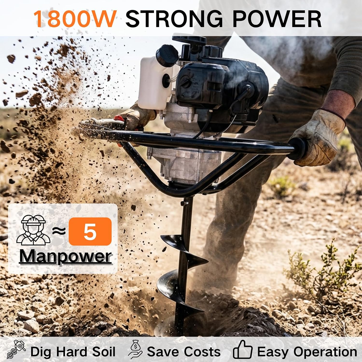 DC HOUSE 52cc 1800W Gas Powered Earth Auger EPA Certified Post Hole Digger, with 3 Drill Bits 4" 6" 8" and 3 Extension Rods 8" 12" 20"
