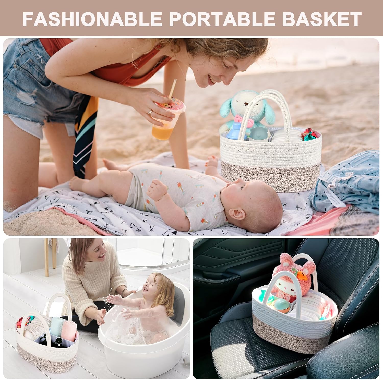 ABenkle Baby Diaper Caddy, Nursery Storage Bin and Car Organizer for Diapers and Baby Wipes, Cotton Rope Diaper Basket Caddy