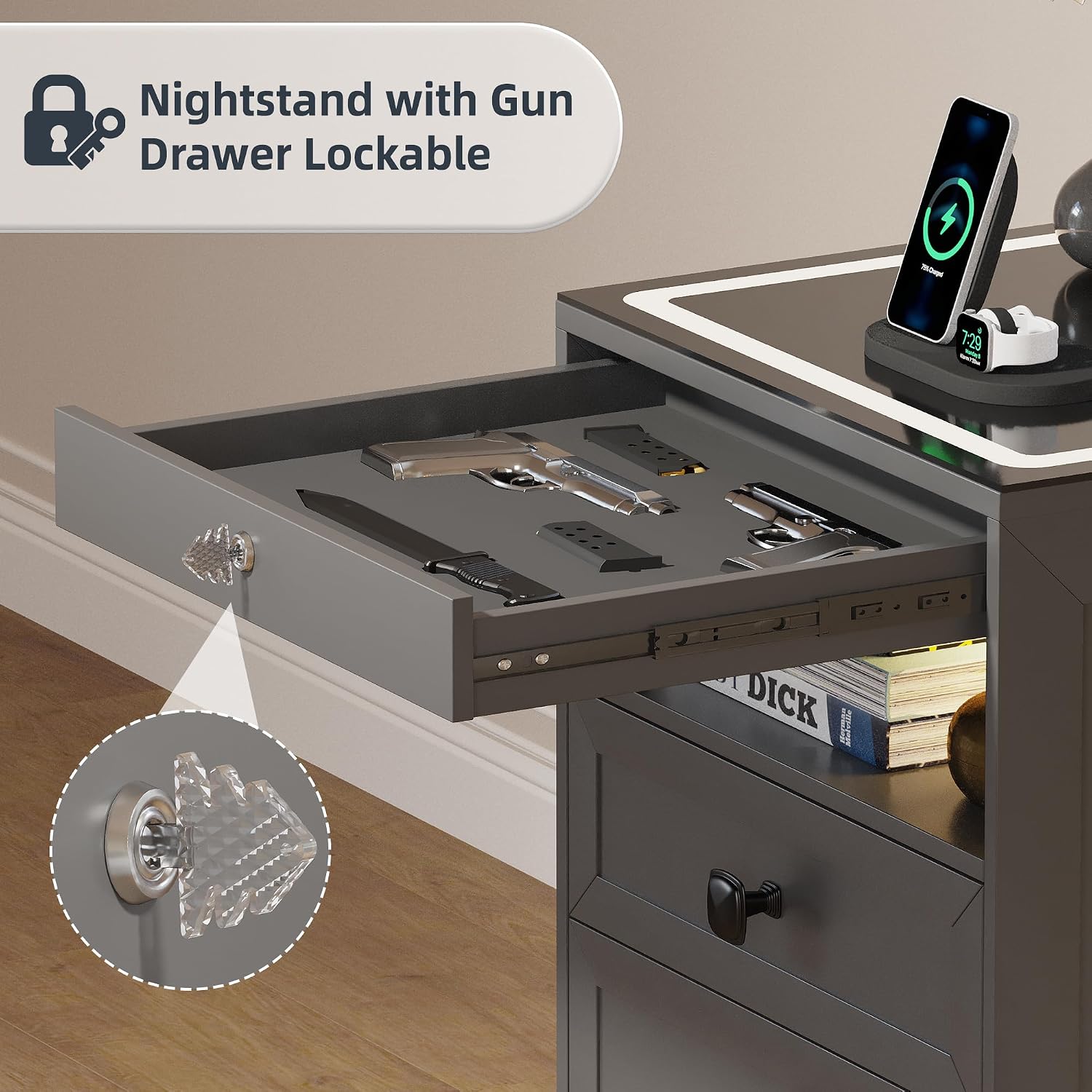 Lvifur LED Nightstand with Lockable Gun Drawer and Human Sensor, Black | USB & Type-C Charging Station, 3 Dimmable Lights, Adjustable Brightness, 3 Drawers, Farmhouse Style, Human Body Induction
