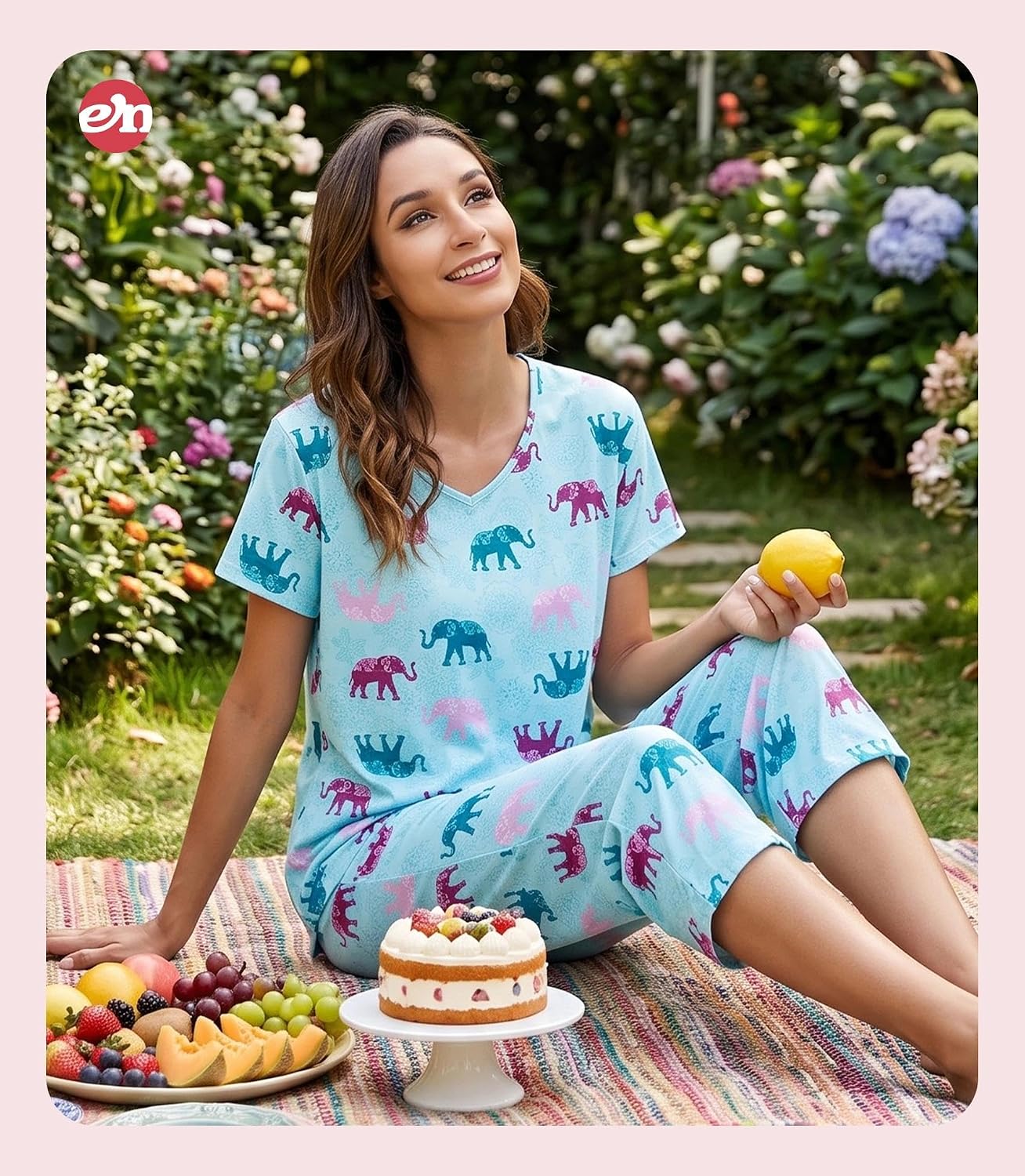 ENJOYNIGHT Womens Pajama Set Cotton Short Sleeve Top With Capri Pants Pj