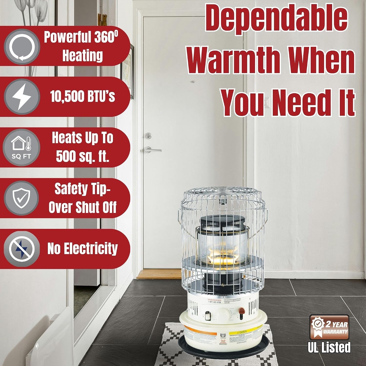 Kero World Kerosene Convection Wick Heater with Radiant and Convective Heat, Lightweight Portable Compact Design, and Sure Seat Chimney System, White.