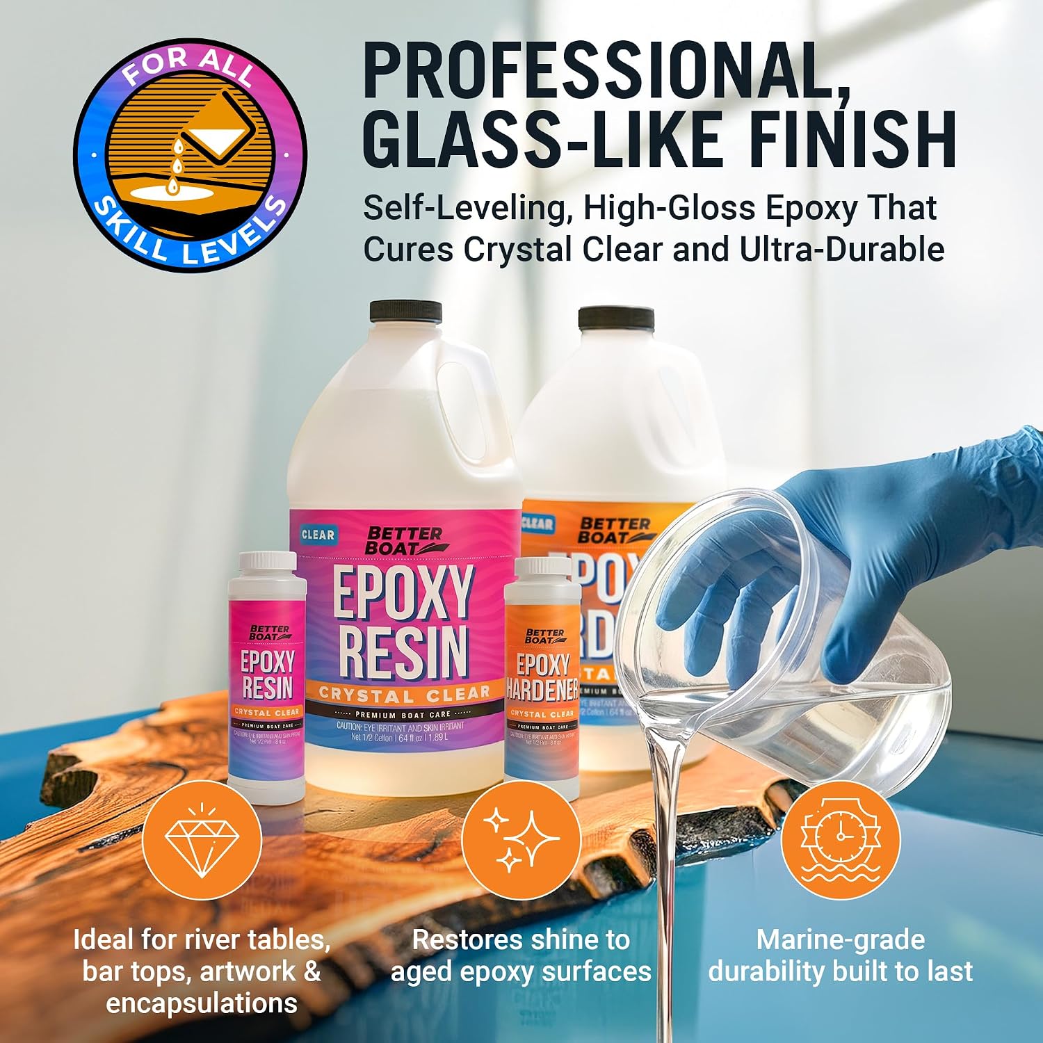 Epoxy Resin Crystal Clear 1 Gallon Kit, 2 Part High Gloss UV Resistant