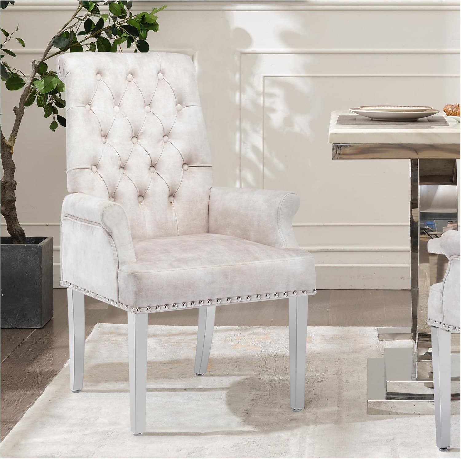 adochr Dining Chairs with Arms,Linen High Back Dining Room Chairs, Beige