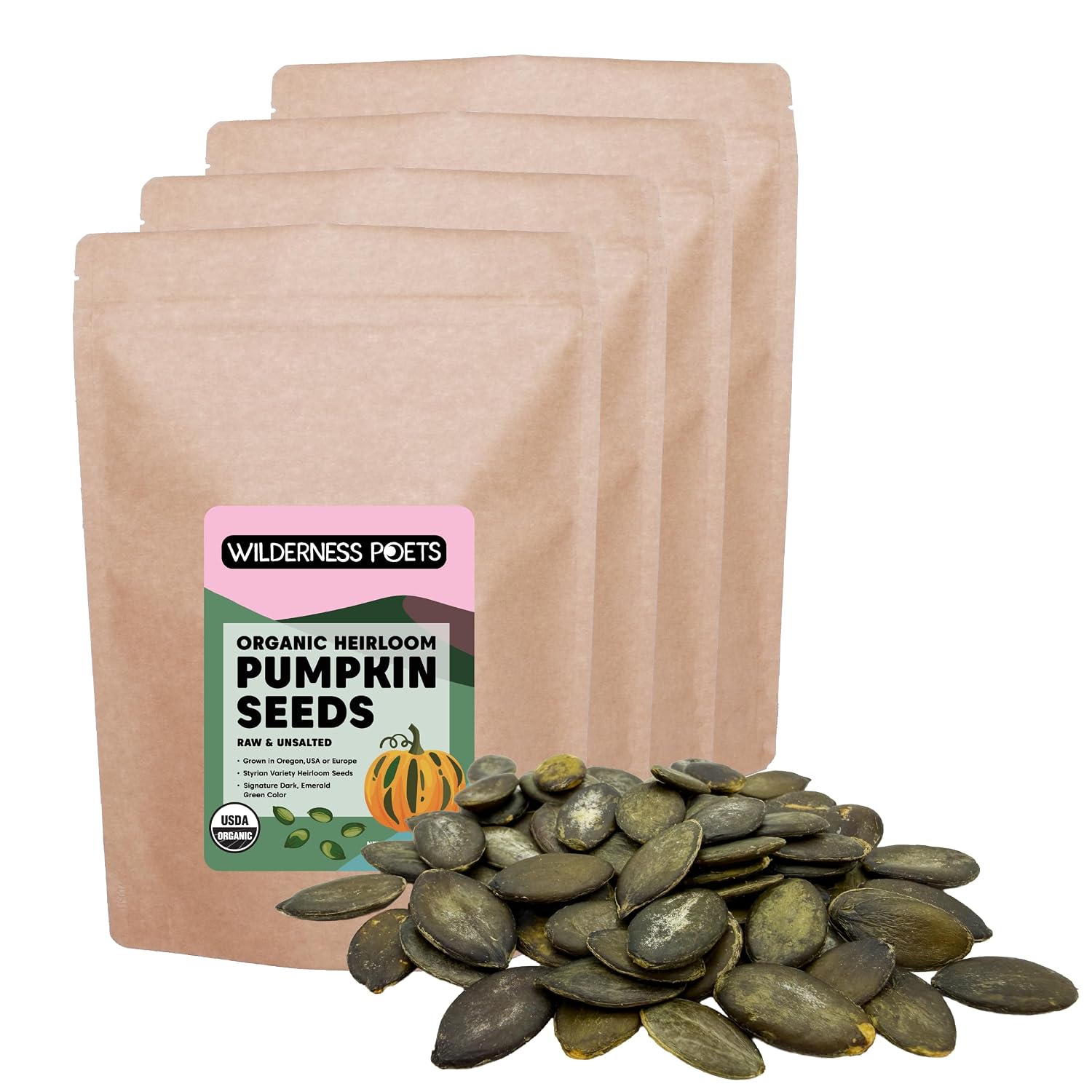 Wilderness Poets, Organic Heirloom Pumpkin Seeds - Styrian Variety, No Shells, Naturally Hulless. Unsalted, Bulk Size, Grown in Oregon, USA or Europe (32 Ounce - 2 Pound)