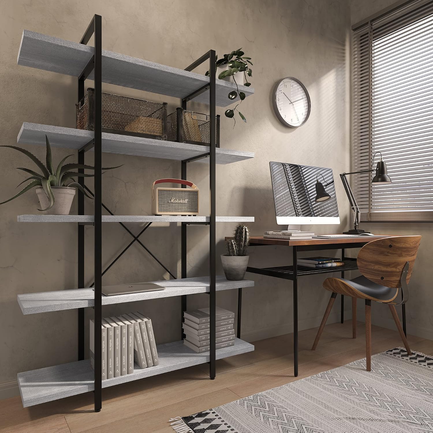 BELLEZE 4 Tier Modern Rustic Industrial Bookshelf, Open Wide Office Etagere Book Shelf