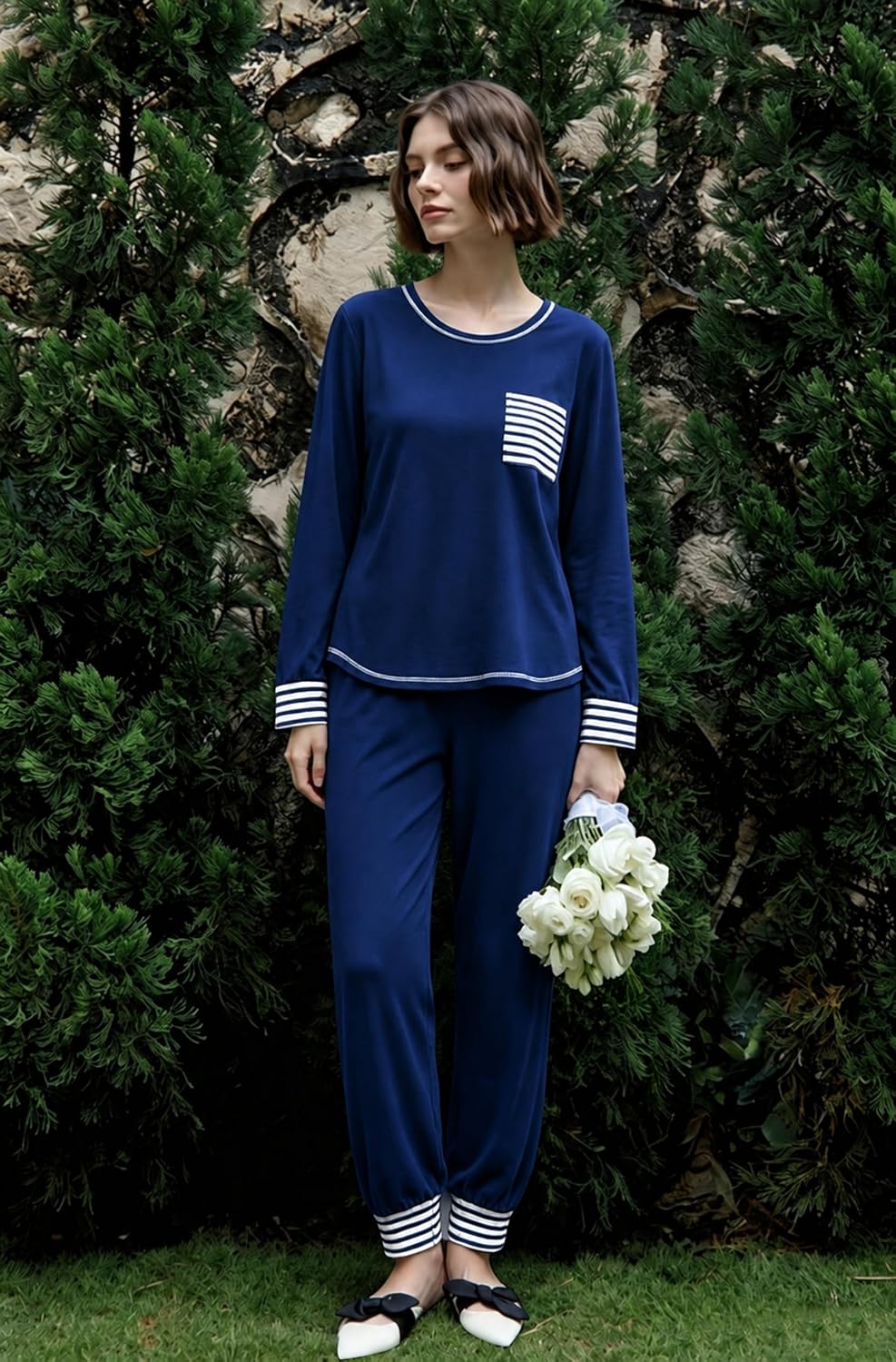 SWOMOG Women’s Pajamas Set Long Sleeve Sleepwear with Long Pants Soft Modal Loungewear Pj Set