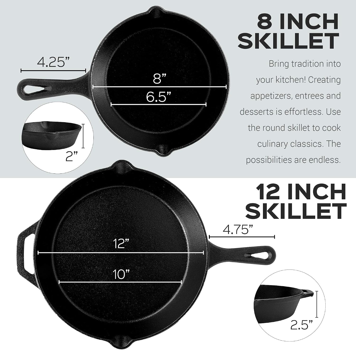 Cast Iron Skillet - 10"-Inch Frying Pan with Pour Spouts + Pan Scraper + Silicone Grip Handle Cover Holder - Pre-Seasoned Oven Cookware - Indoor/Outdoor Use - Stovetop, Induction. PFAS and PFOA-free