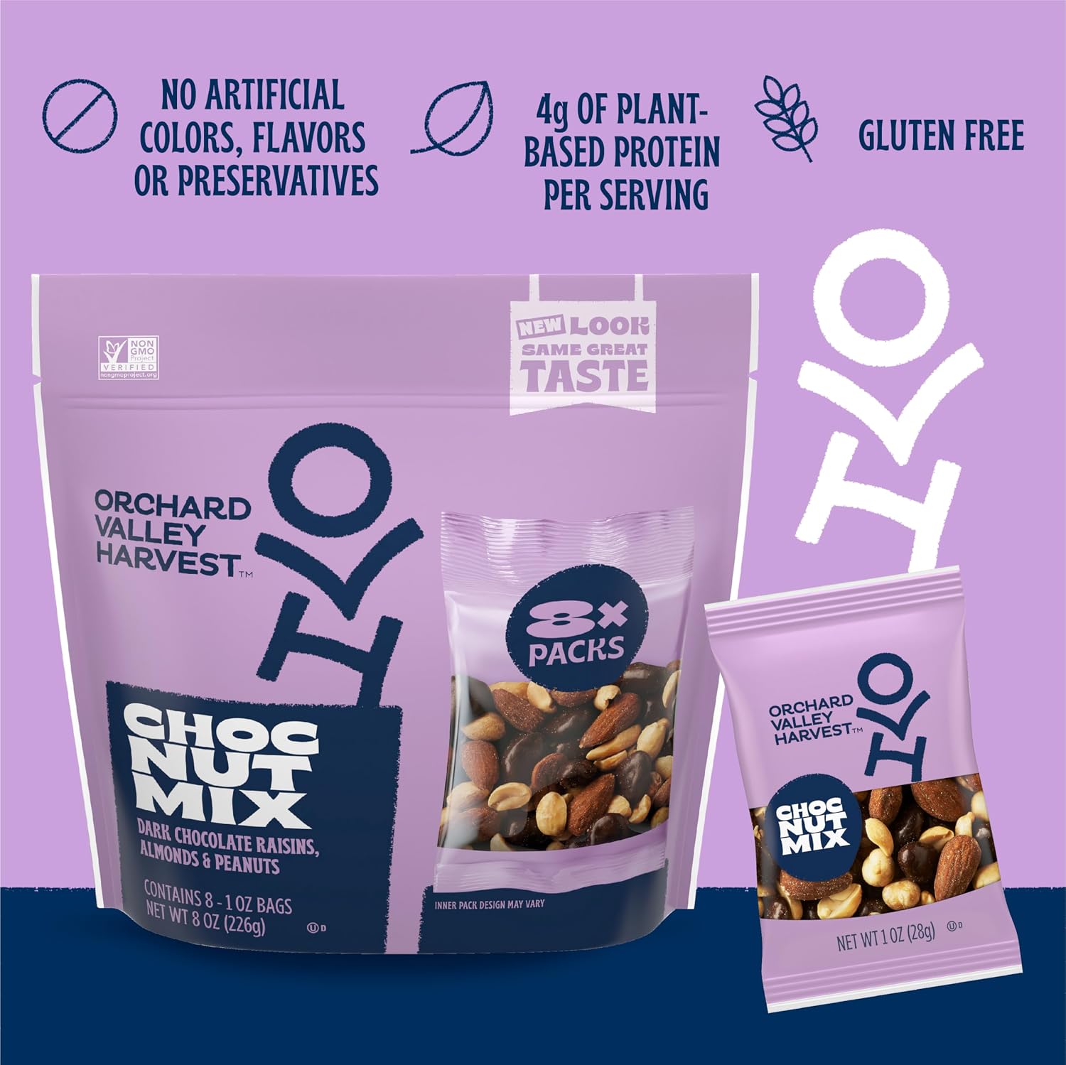 Orchard Valley Harvest Choc Nut Mix Multipack, 1 oz, Pack of 8 | Dark Chocolate Raisins, Almonds & Peanuts, Gluten Free, Stand Up Bag, Non-GMO, 4g Plant Protein, On-The-Go Snack