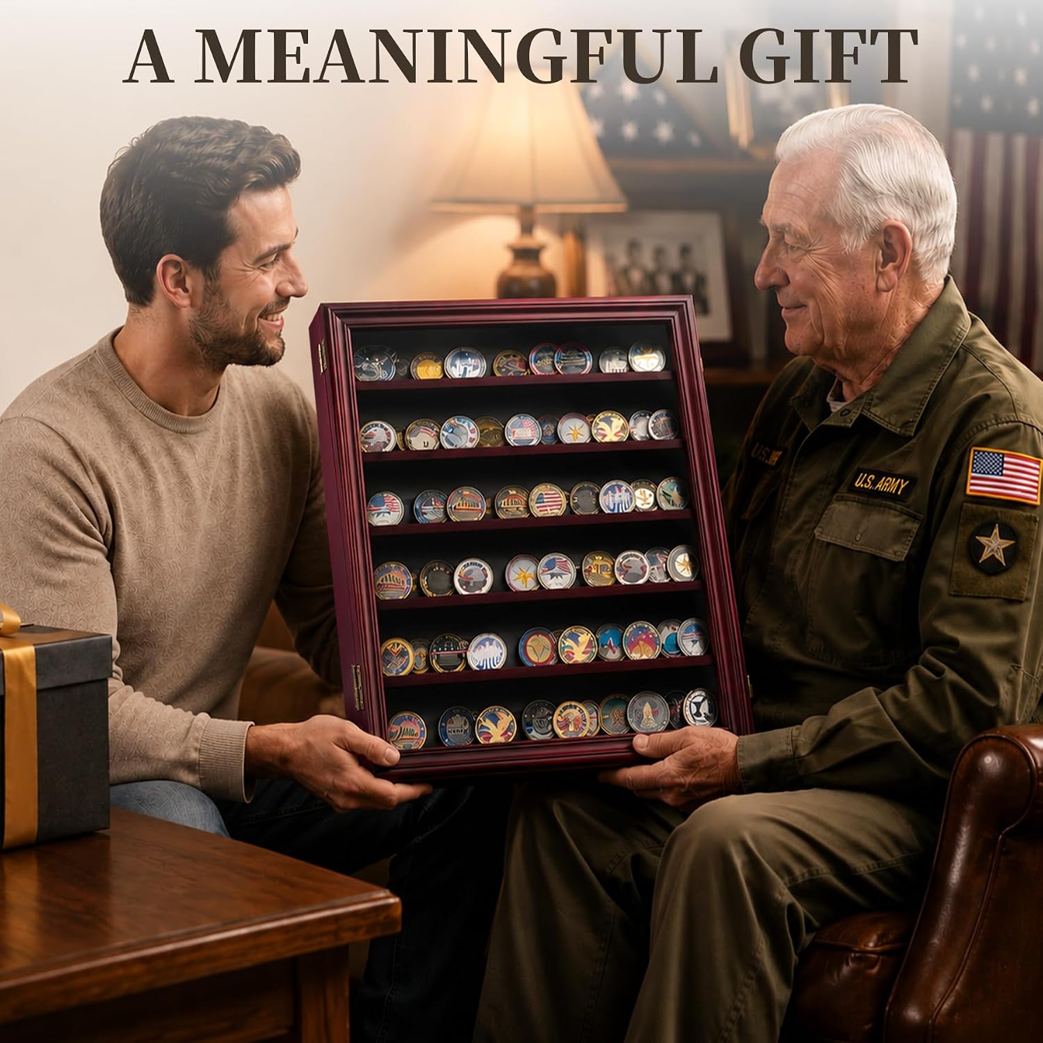 ASmileIndeep 7 Rows Military Challenge Coin Holder Display Cabinet Wall Mount with HD Tempered Glass, Holds 100 Coins, Wooden Medal Display Case Shadow Box with Removable Shelves, Mahogany