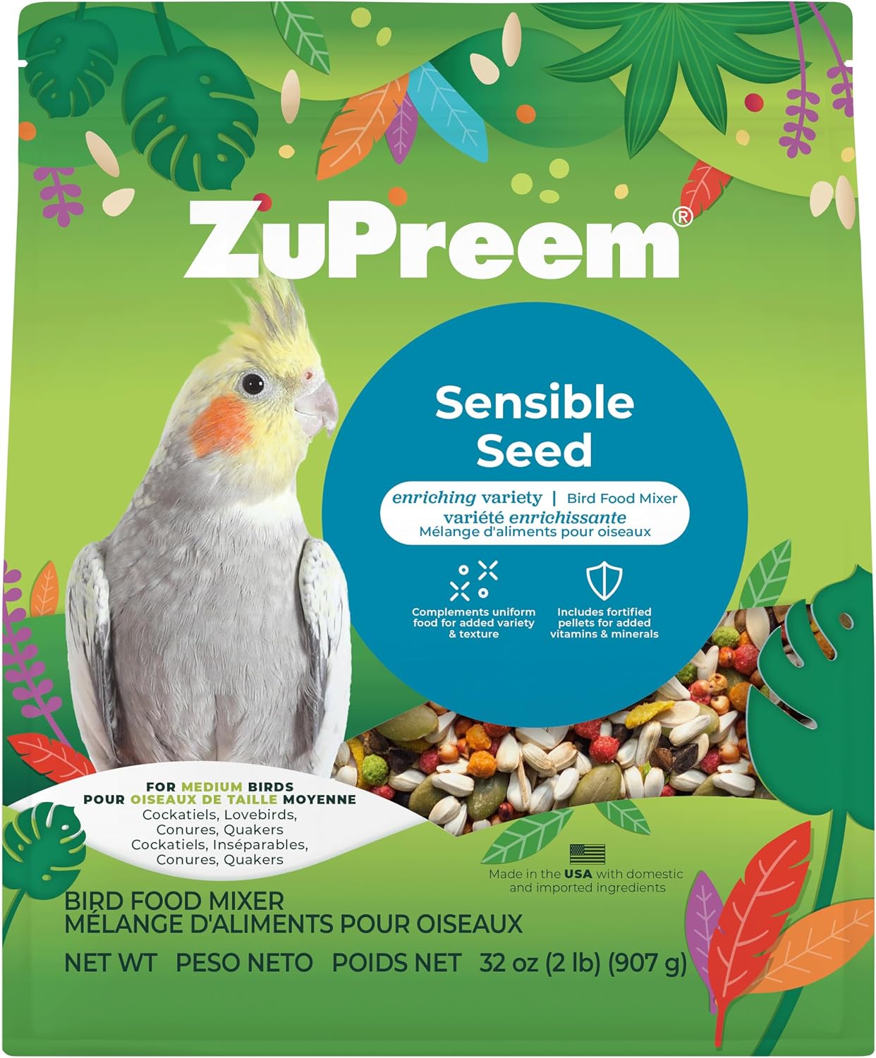 ZuPreem FruitBlend Cockatiel & Conure Food, Uniform Bird Food, M, 2 lb | Bird Food Pellets, Real Fruit, Blend, Cockatiel Food, Conures, Lovebirds, Love Bird Pellets, Quaker, Parrot, Medium Birds