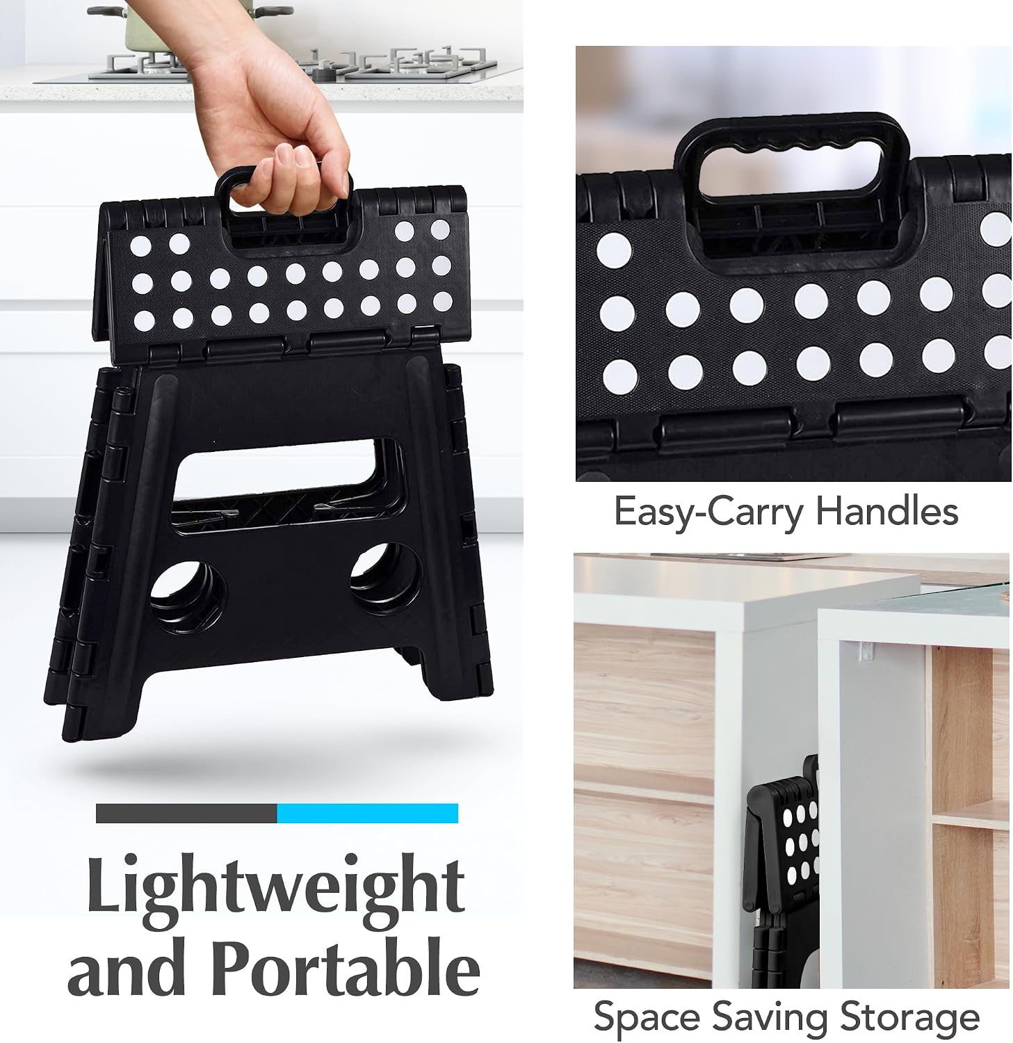 Handy Laundry Folding Step Stool 9 Inch, Black, Non-Slip Holds 300 lbs | 9 Inch, Black, Foldable Collapsible Step Stool, Non-Slip, Holds 300 lbs, Kitchen Bathroom Bedroom, Adults