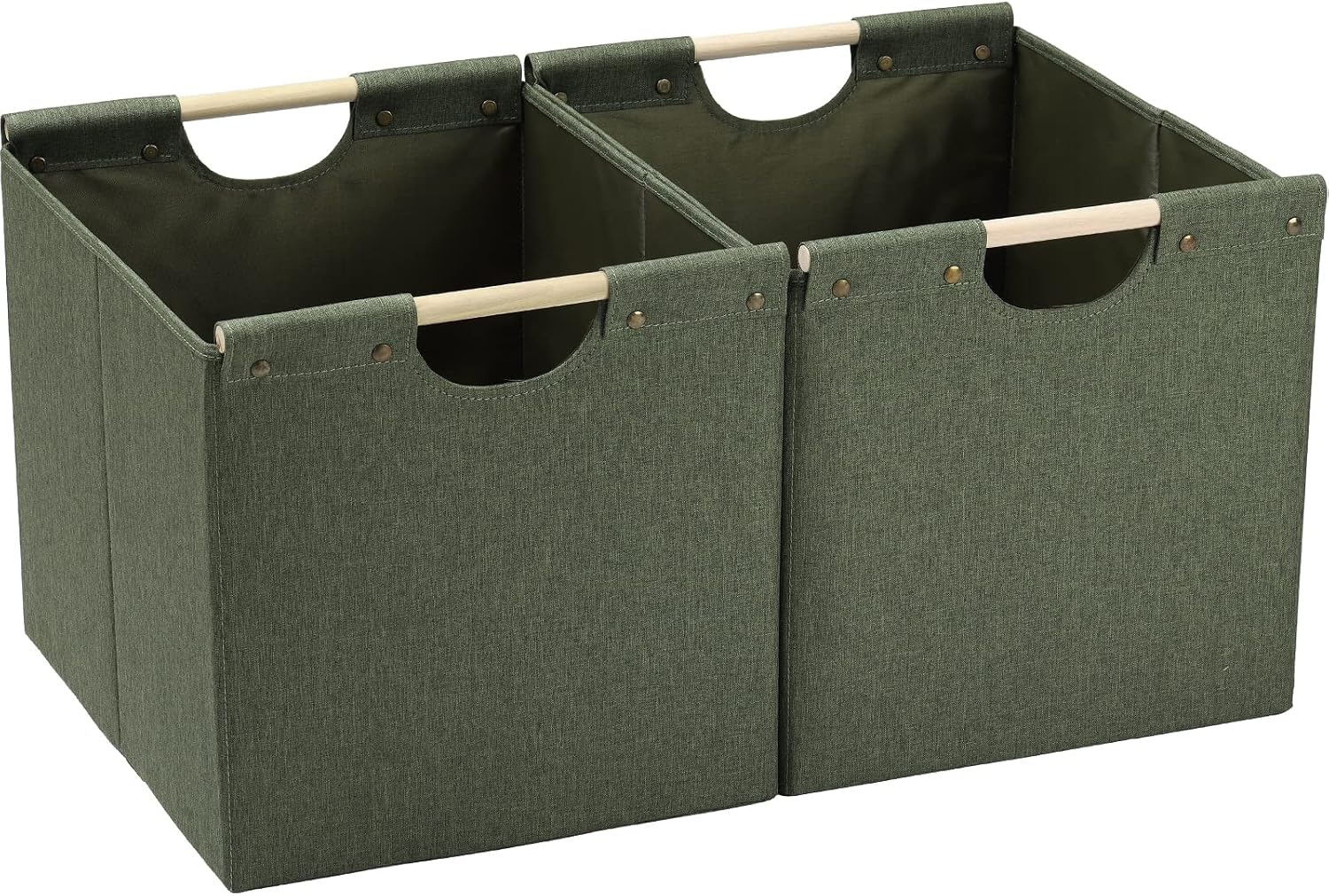HOONEX Large Collapsible Storage Bins, Linen Fabric, 2 Pack, Storage Baskets with Wooden Carry Handles and Sturdy Heavy Cardboard, for Home, Office