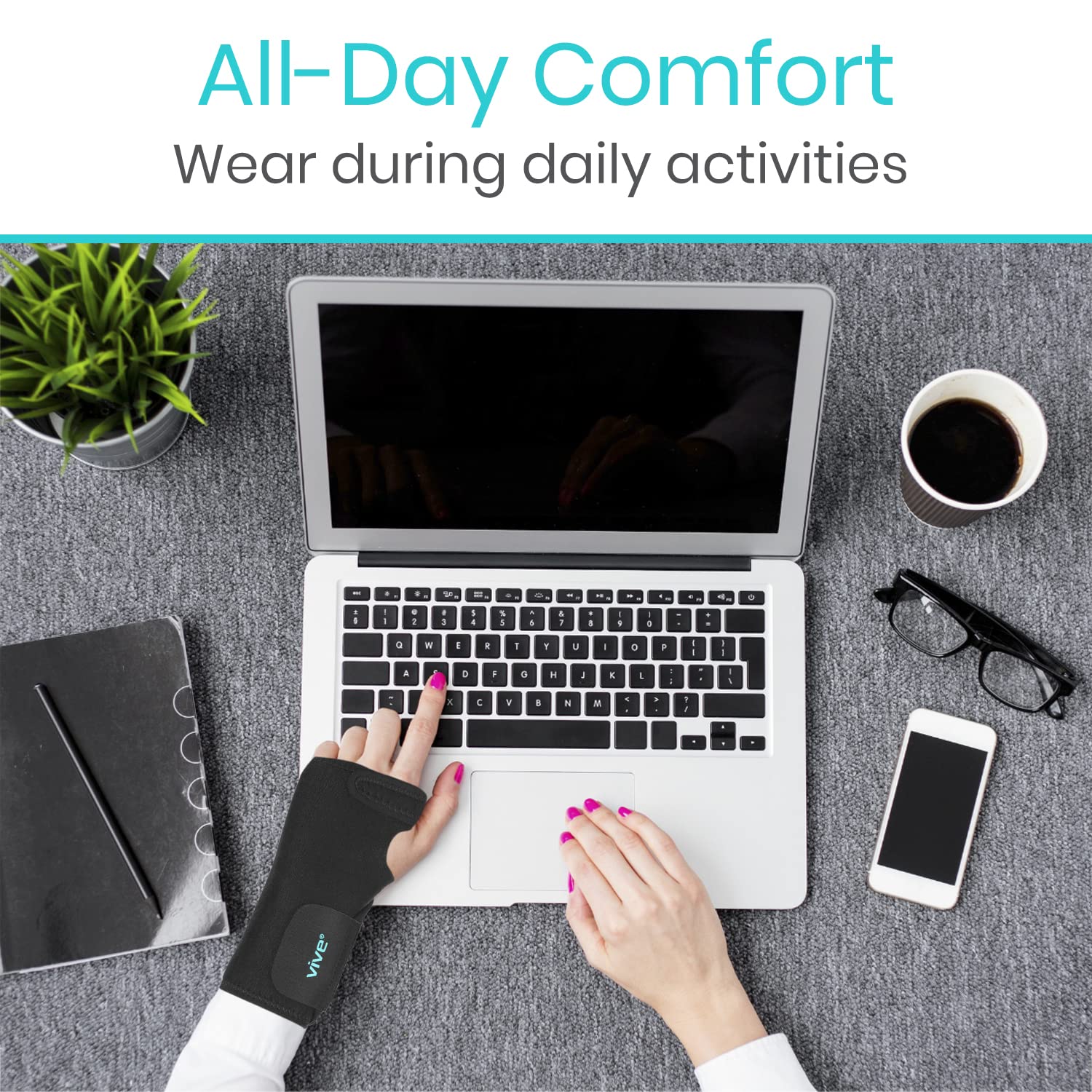 Vive Wrist Brace - Carpal Tunnel Hand Compression Support Wrap for Men | Women, Tendinitis, Bowling, Sports Injuries Pain Relief - Removable Splint - Universal Ergonomic Fit (Black, Right)