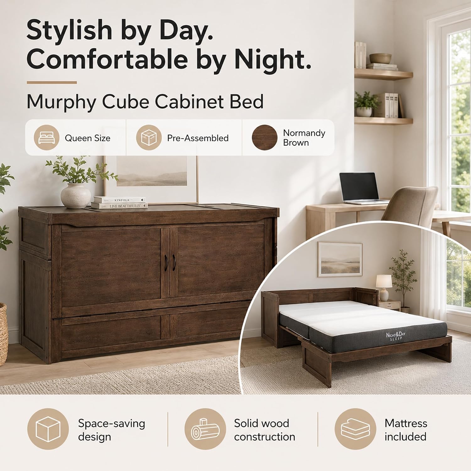 NIGHT & DAY Furniture Murphy Cube Cabinet Bed Pre-Assembled (Cherry, Queen) | Pre-Assembled