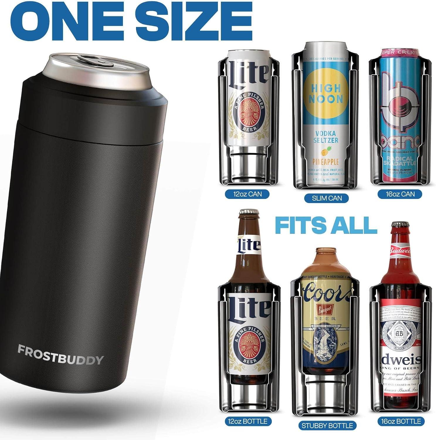 Frost Buddy Universal Can Cooler - Fits Slim Cans, 12 & 16oz (MatteBlack)