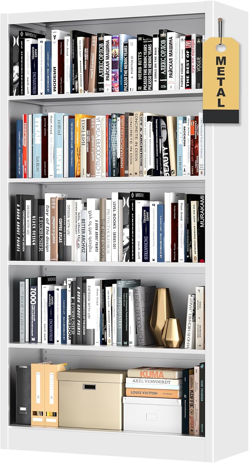 Bookcase,5 Tier White Bookshelves,66" Tall Free Standing Metal Bookcase with Adjustable Storage Shelves, Industrial Wide Bookshelf for Bedroom Living Room Home Office School