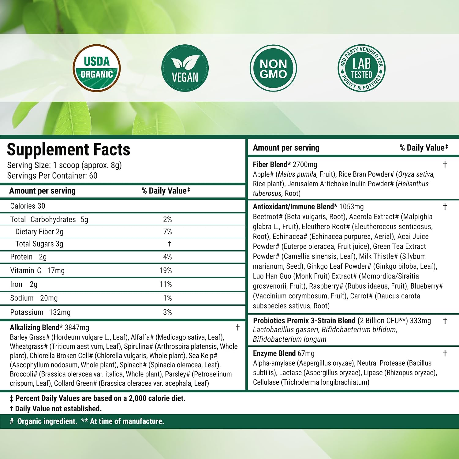 Nested Naturals Super Greens Daily Superfood Powder - Certified USDA Organic Green Powder w/20+ Whole Foods, Spirulina Powder,Wheat & Barley Grass - Probiotics, Fiber & Enzymes - Original Flavour, 30