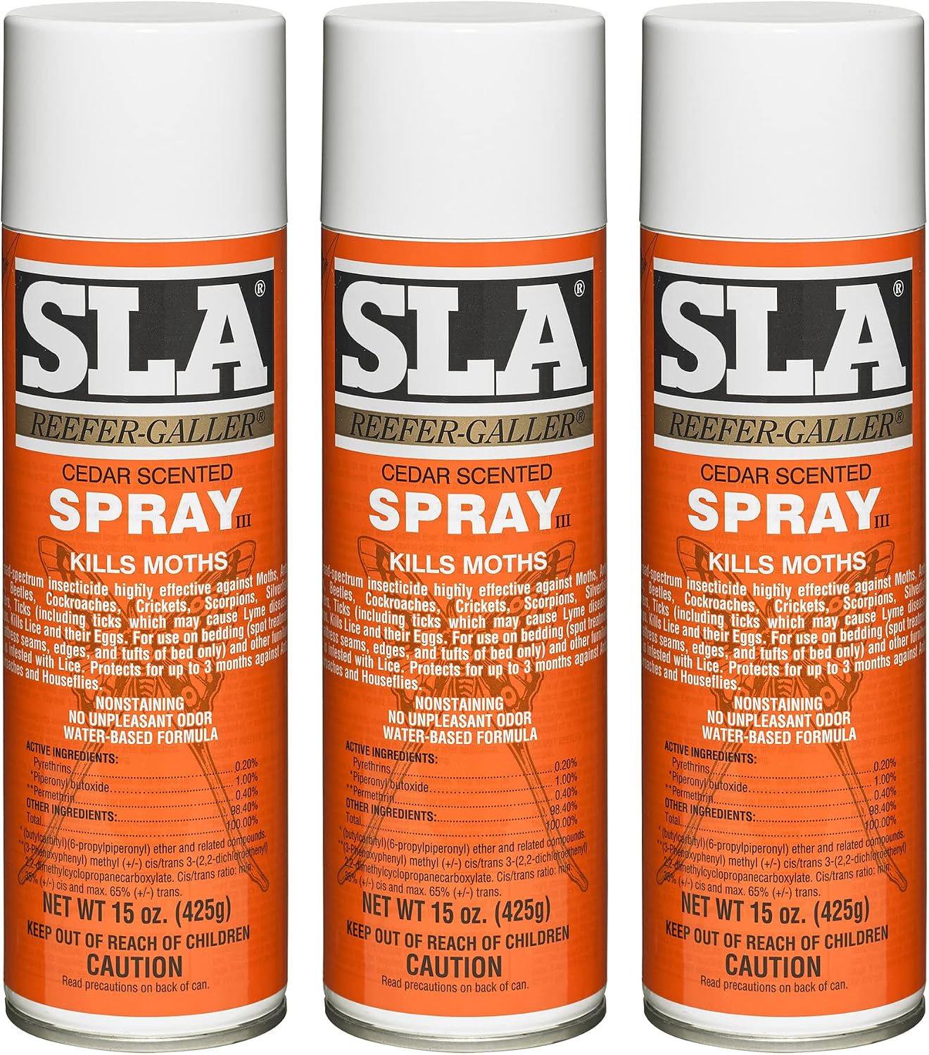 Reefer Galler SLA Cedar Scented Spray - 15 oz - Pack of 3 | Kills on Contact: Moths, Bedbugs, Ants, Lice, Beetles, Cockroaches, Crickets, Scorpions