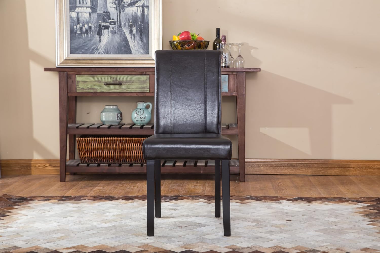Roundhill Furniture C020BR Urban Style Solid Wood Leatherette Padded Parson Chair, Brown, Set of 2