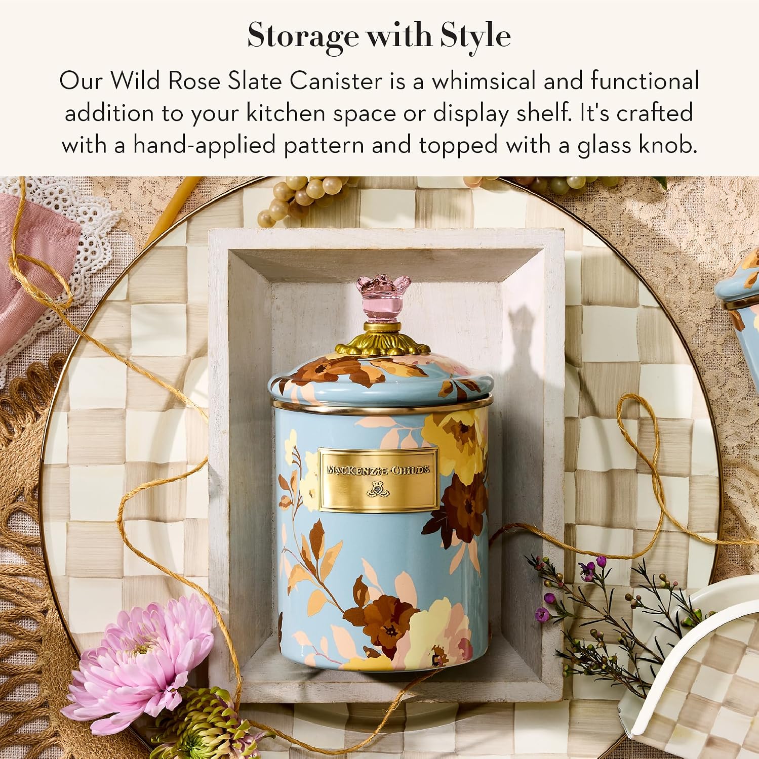 MACKENZIE-CHILDS Enamel Canister, Medium, White Butterfly Garden | Hand-applied design, made from enameled steel, versatile kitchen storage container for flour and sugar, 48-ounce capacity