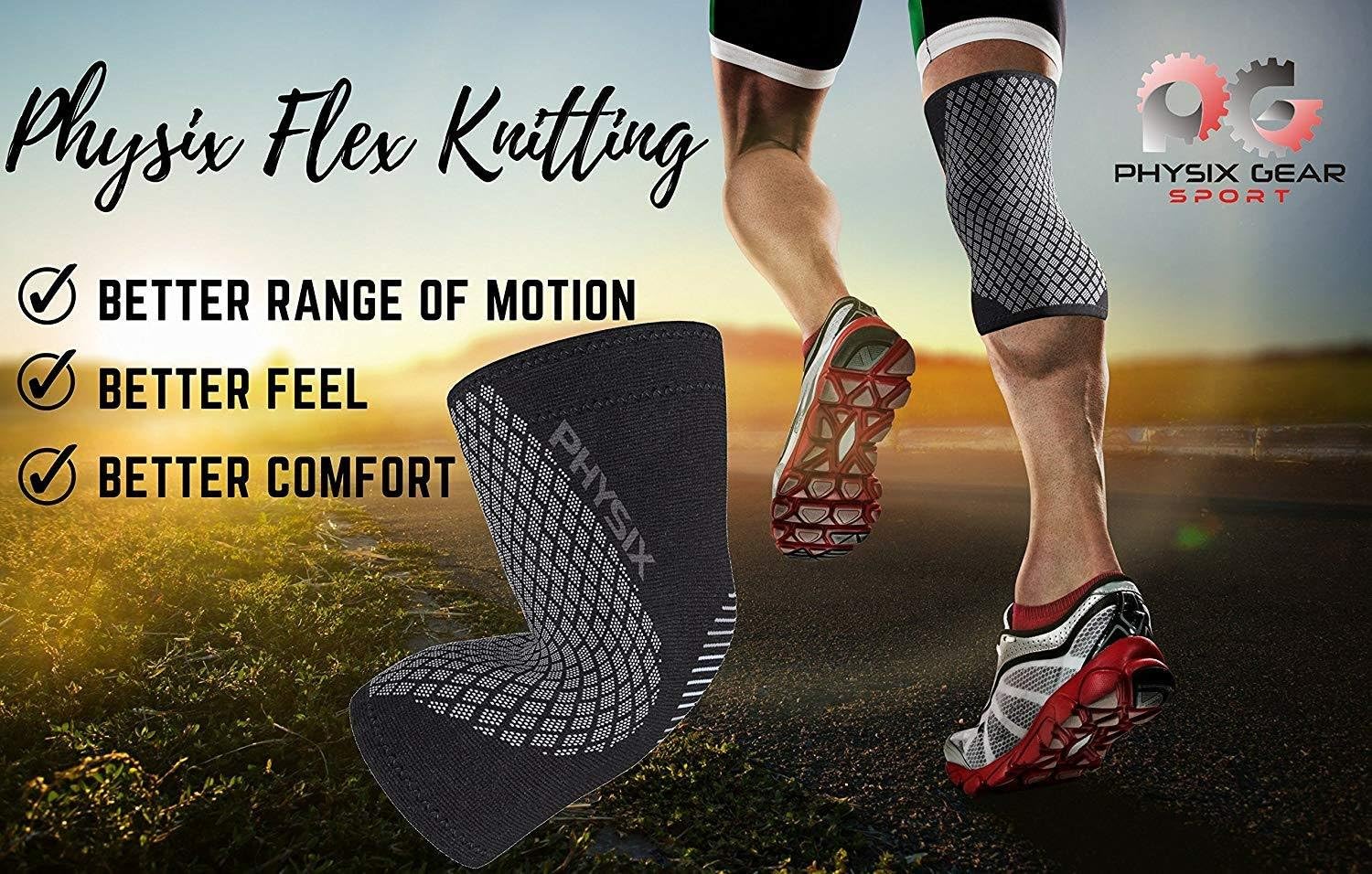 Physix Gear Knee Compression Sleeve for Men & Women - Best Compression Knee Brace for Walking, Running, Gym, Basketball, Weightlifting,Workout, Sports - Knee sleeves Support Compression & Stability