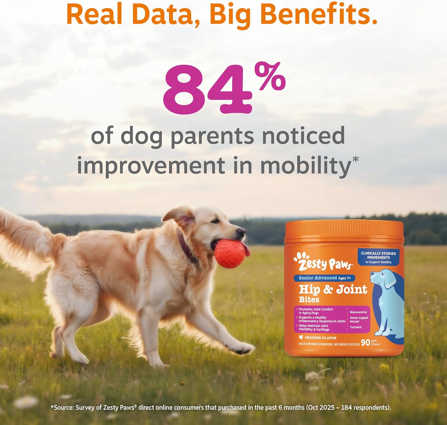 Zesty Paws Hip and Joint Supplement for Dogs - Glucosamine with Chondroitin, MSM, Vitamins C and E Dog Joint Relief - Mobility Bites Duck – 90 Count