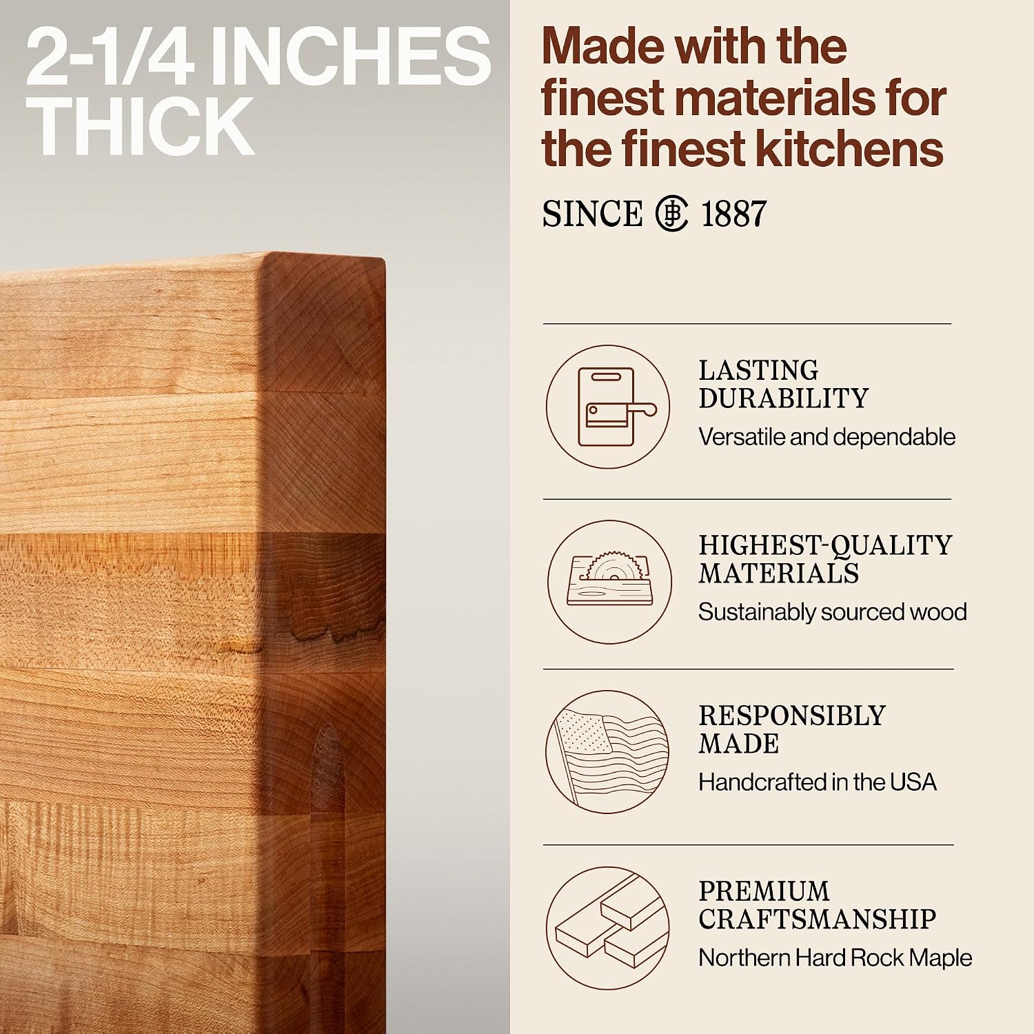 John Boos Handle Boards Series Rectangular Wooden Maple Cutting Board 24”x18” – 2.25” Thick, 30-lb Reversible Butcher Block with Juice Groove, Edge-Grain & Metal Handles