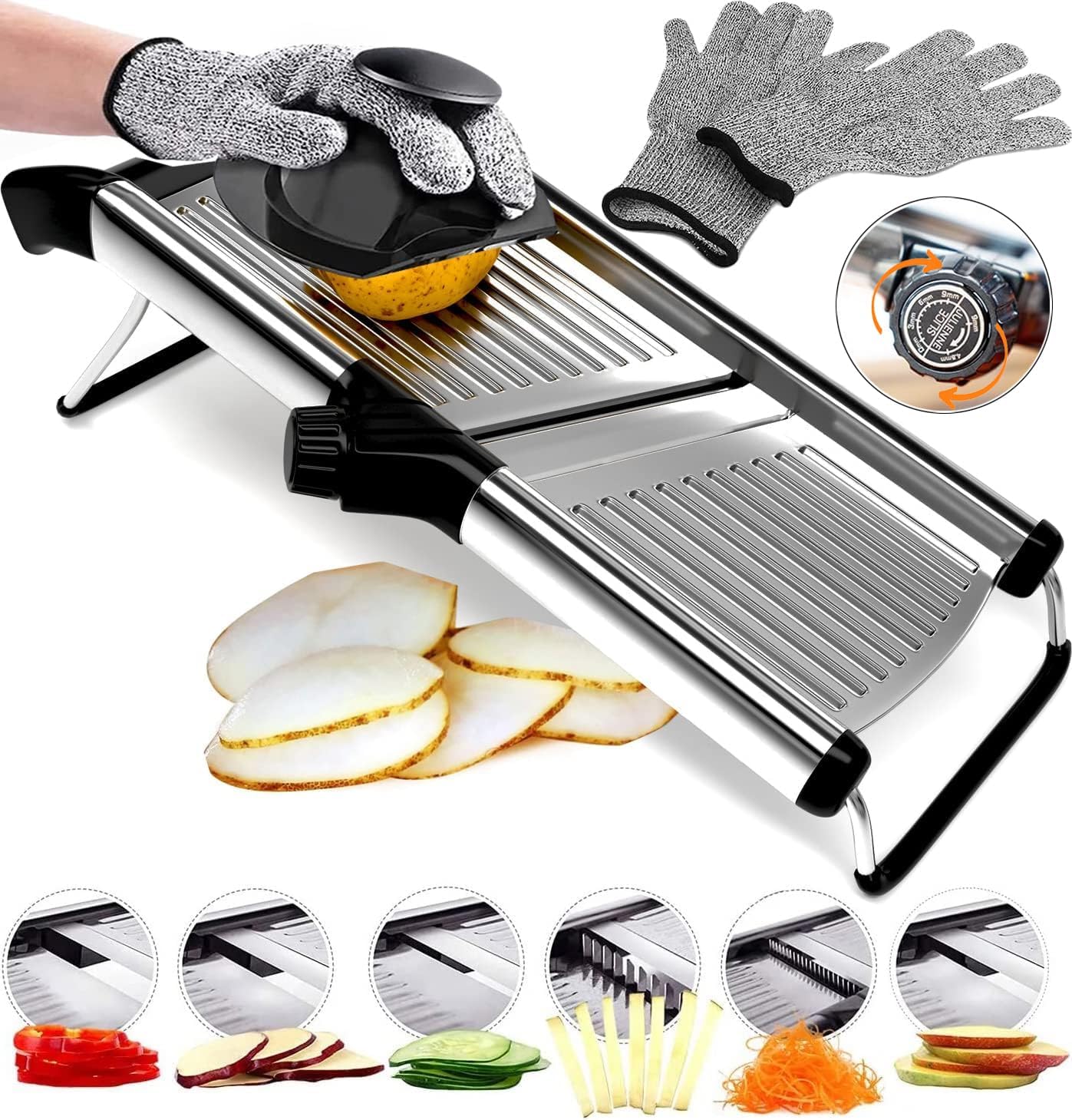 Stainless Steel Mandoline Slicer for Kitchen – 6-Setting Adjustable, 16.5 x 5 In. Platform, Hand Guard, Cut-Resistant Gloves – Vegetable Chopper