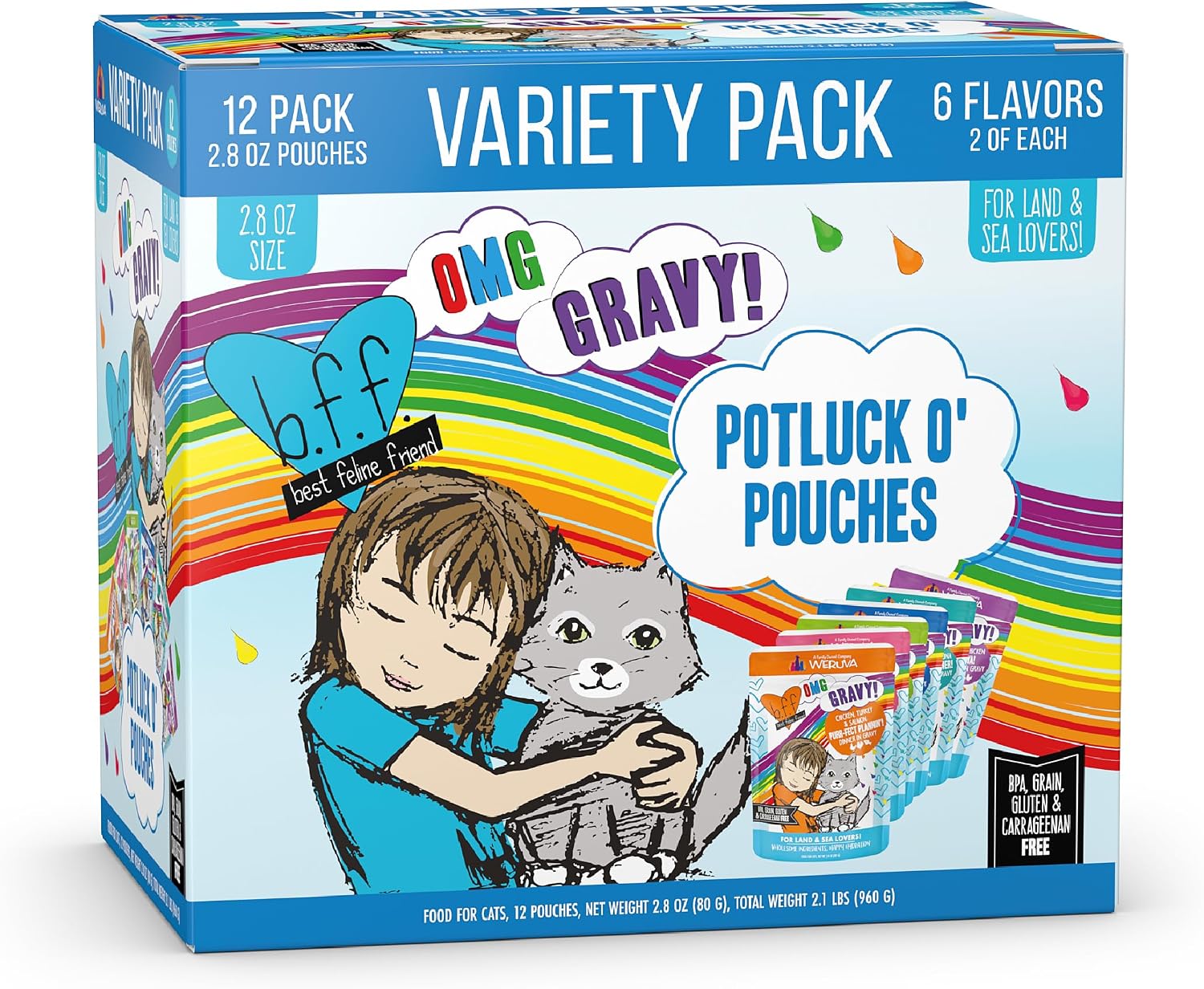 Weruva B.F.F. OMG - Best Feline Friend Oh My Gravy!, Tuna & Salmon Sweet Cheeks with Tuna & Salmon in Gravy Cat Food, 3oz Pouch (Pack of 12)