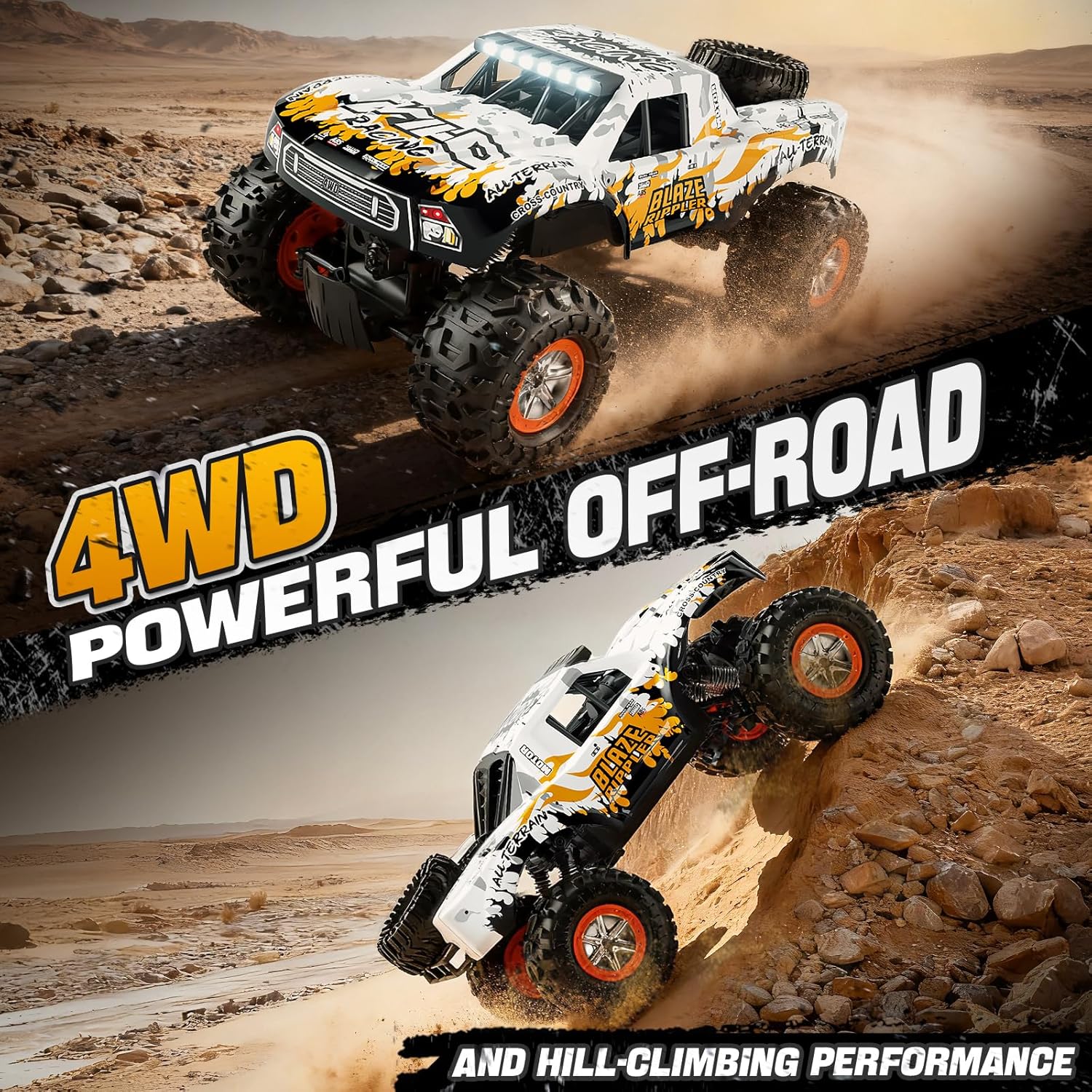 1:10 Amphibious Remote Control Car, 2.4 GHz Waterproof Monster Truck Toys RC Cars, 4WD All Terrain Off-Road Pickup RC Trucks, 2 Batteries 60Mins Play