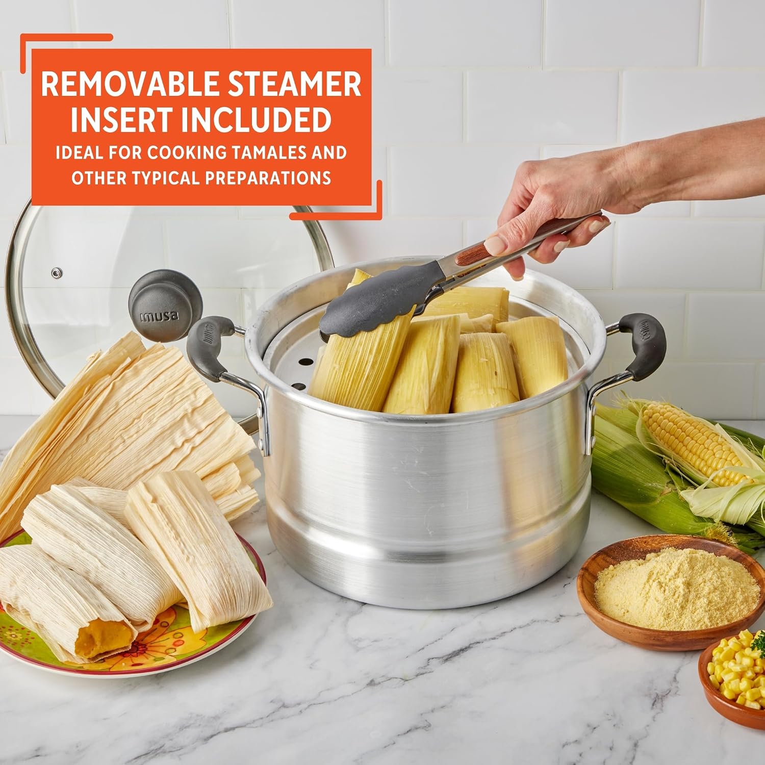 IMUSA USA MEXICANA-410 Aluminum Steamer with Glass Lid 10-Quart, Silver, 10Qt | Brushed Finish, Cool-Touch Handles with Glass Lid, Ideal for Tamales, Great for Family Meals