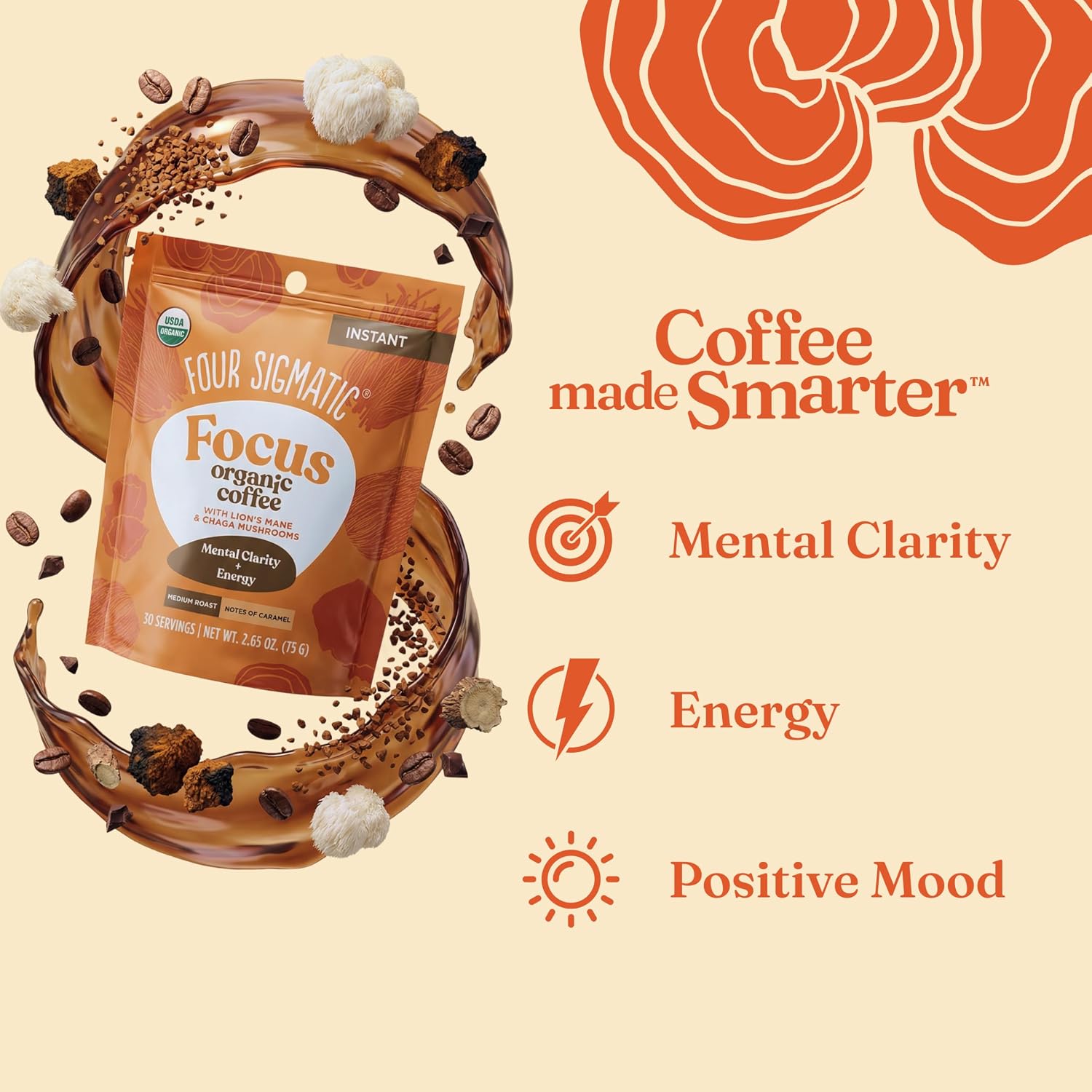 Four Sigmatic Organic Instant Coffee Powder | Mushroom Coffee Instant Mix with Cordyceps, Chaga and Eleuthero for Better Focus and Immune Support | 10 Packets