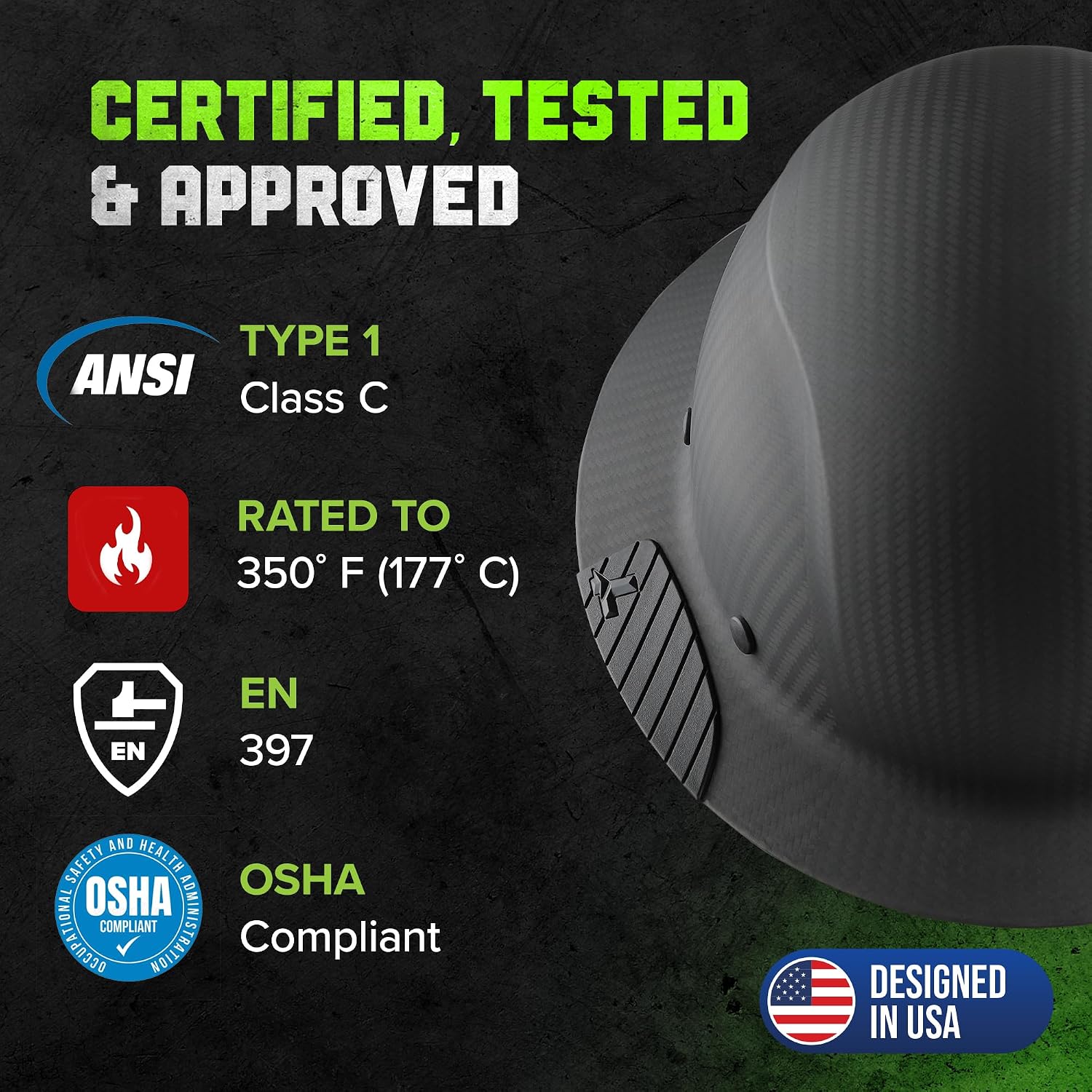LIFT SAFETY Dax Carbon Fiber Full Brim Hard Hat | Safety/Construction Helmet w/ 6 Point Suspension for Comfort & Impact Protection