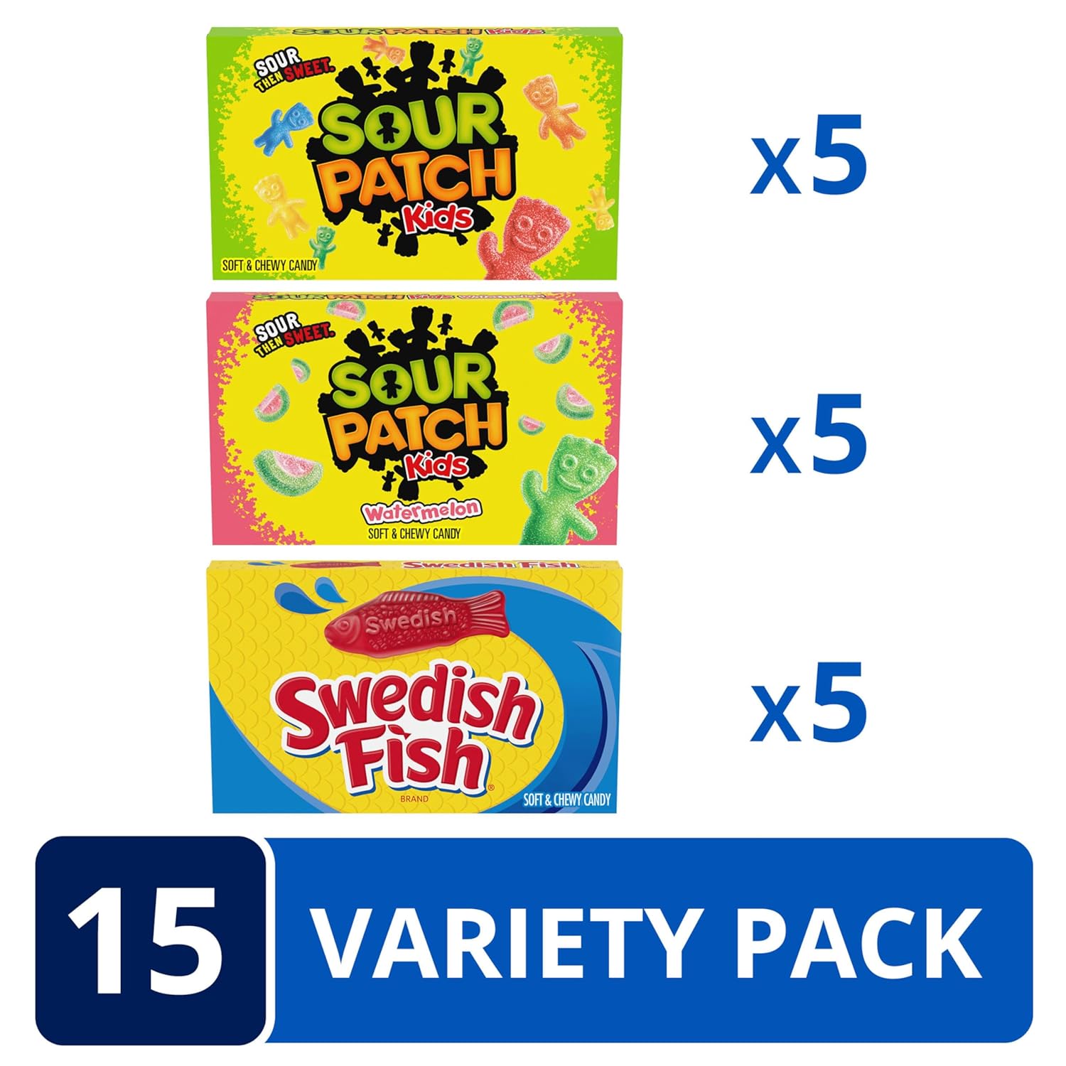SOUR PATCH KIDS & SWEDISH FISH Soft & Chewy Gummy Candy Variety Pack, 15 ct