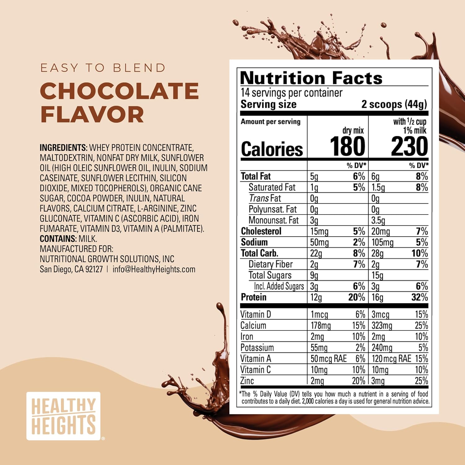 Healthy Heights Grow Daily Kids Protein Drink Mix (Chocolate) - High Protein Shake for Kids 3+, 21.6 oz