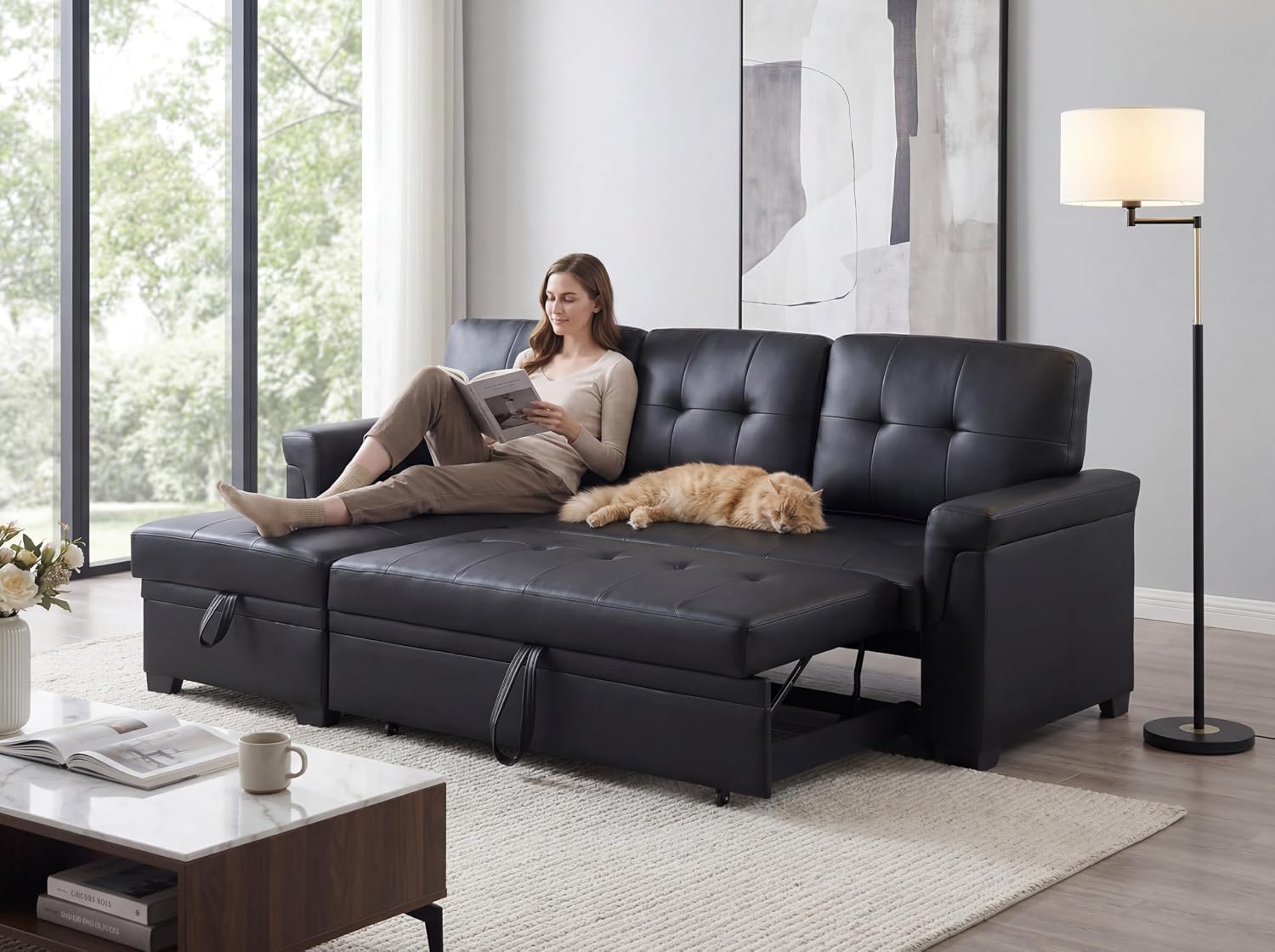 Lilola Home Convertible Sectional Sleeper Sofa Bed 84 Inch, L Shaped Couch with Pull Out Bed, Storage Chaise, Removable Back Cushions for Living Room, Office, Linen Fabric, Dark Gray